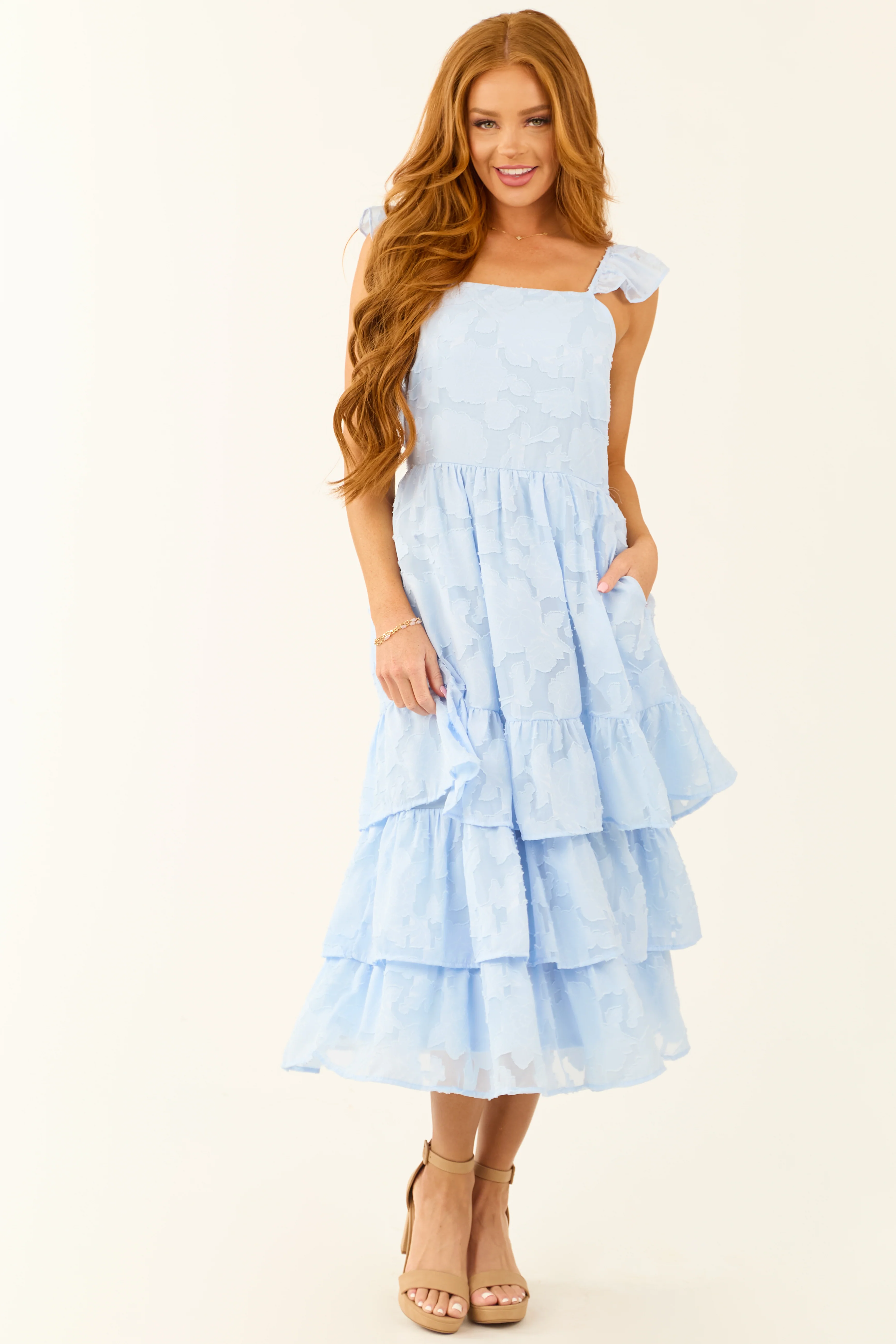 Baby Blue Floral Burnout Ruffle Midi Dress - LD SALE