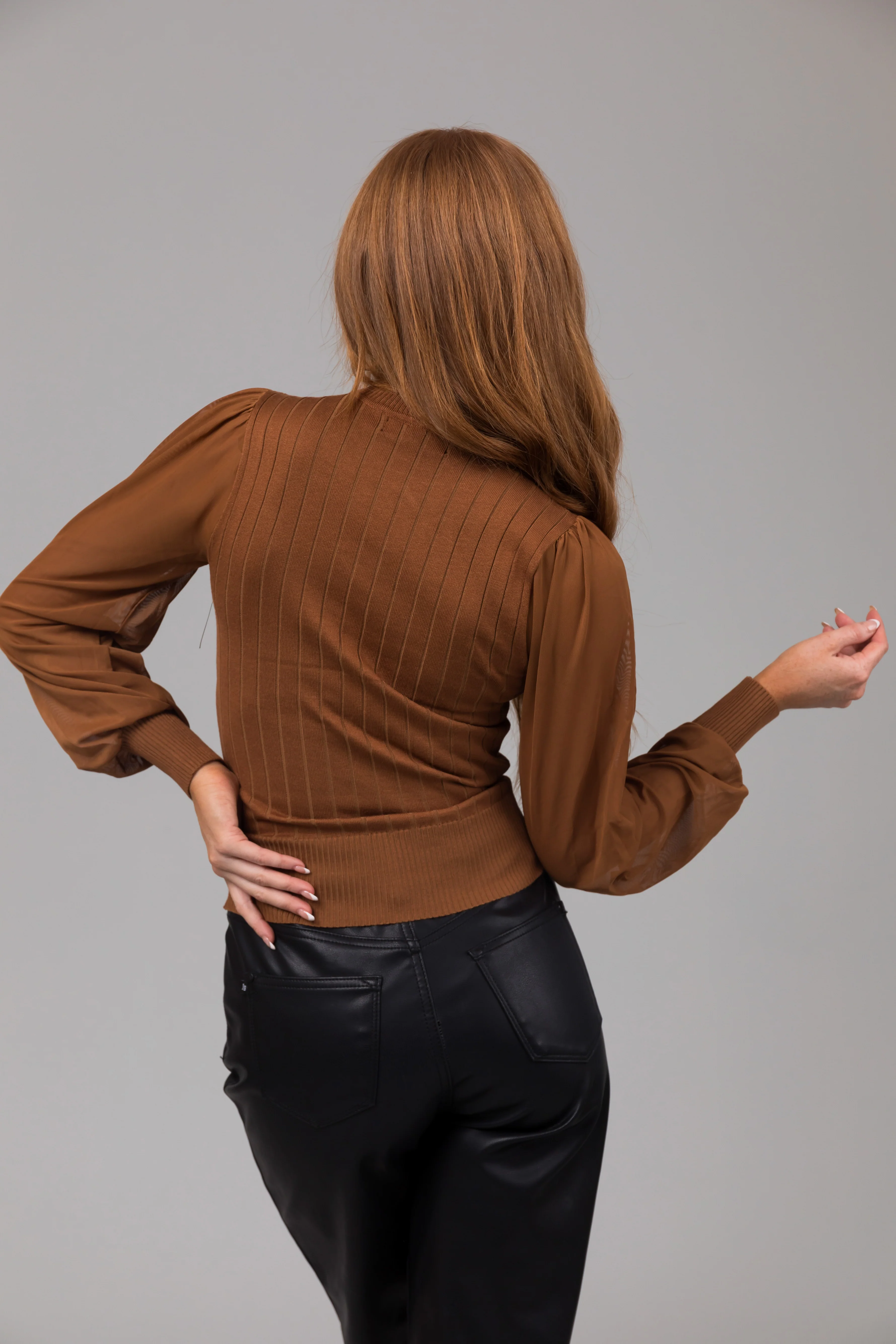 Cognac Mock Keyhole Neck Illusion Sleeve Top - LD SALE