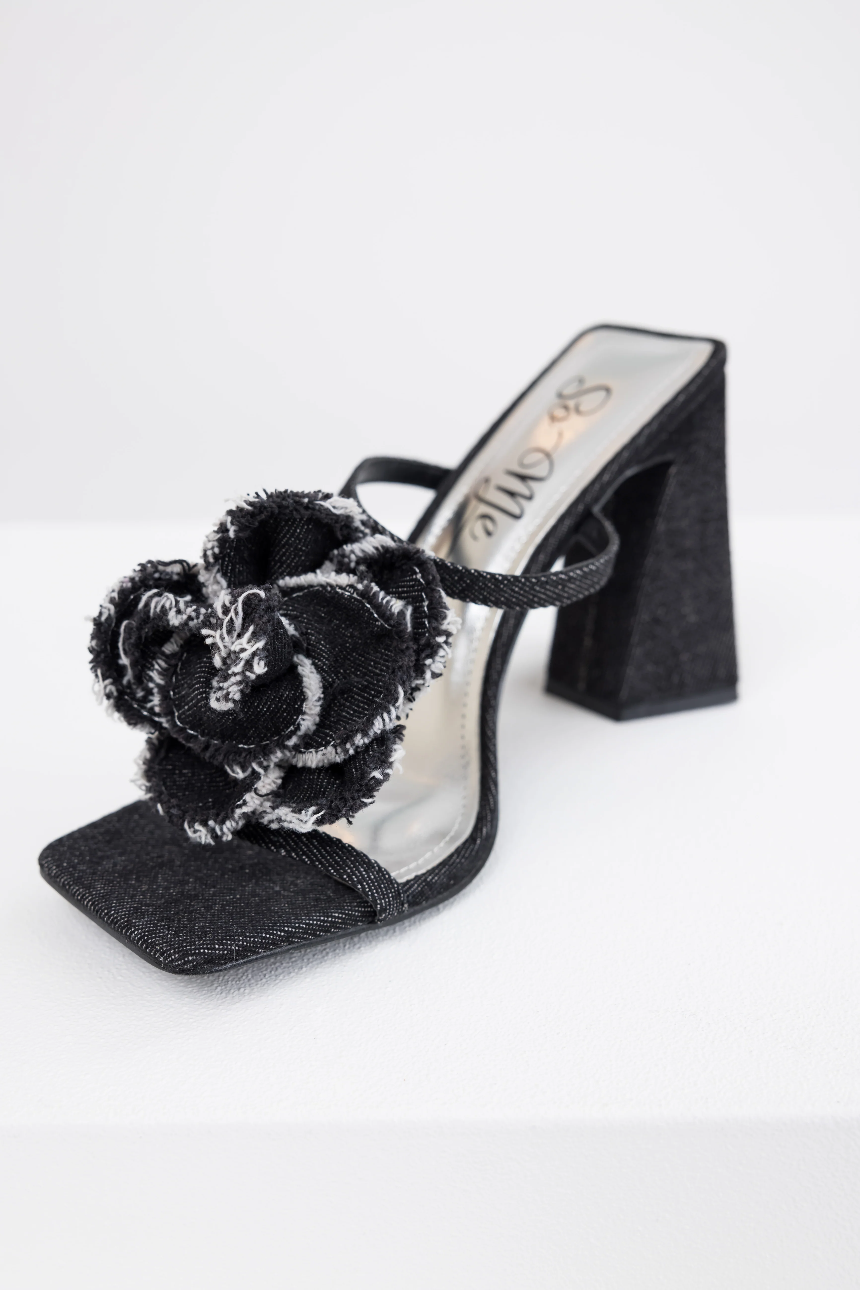Black Denim Flower Detail Square Toe Heels - LD SALE