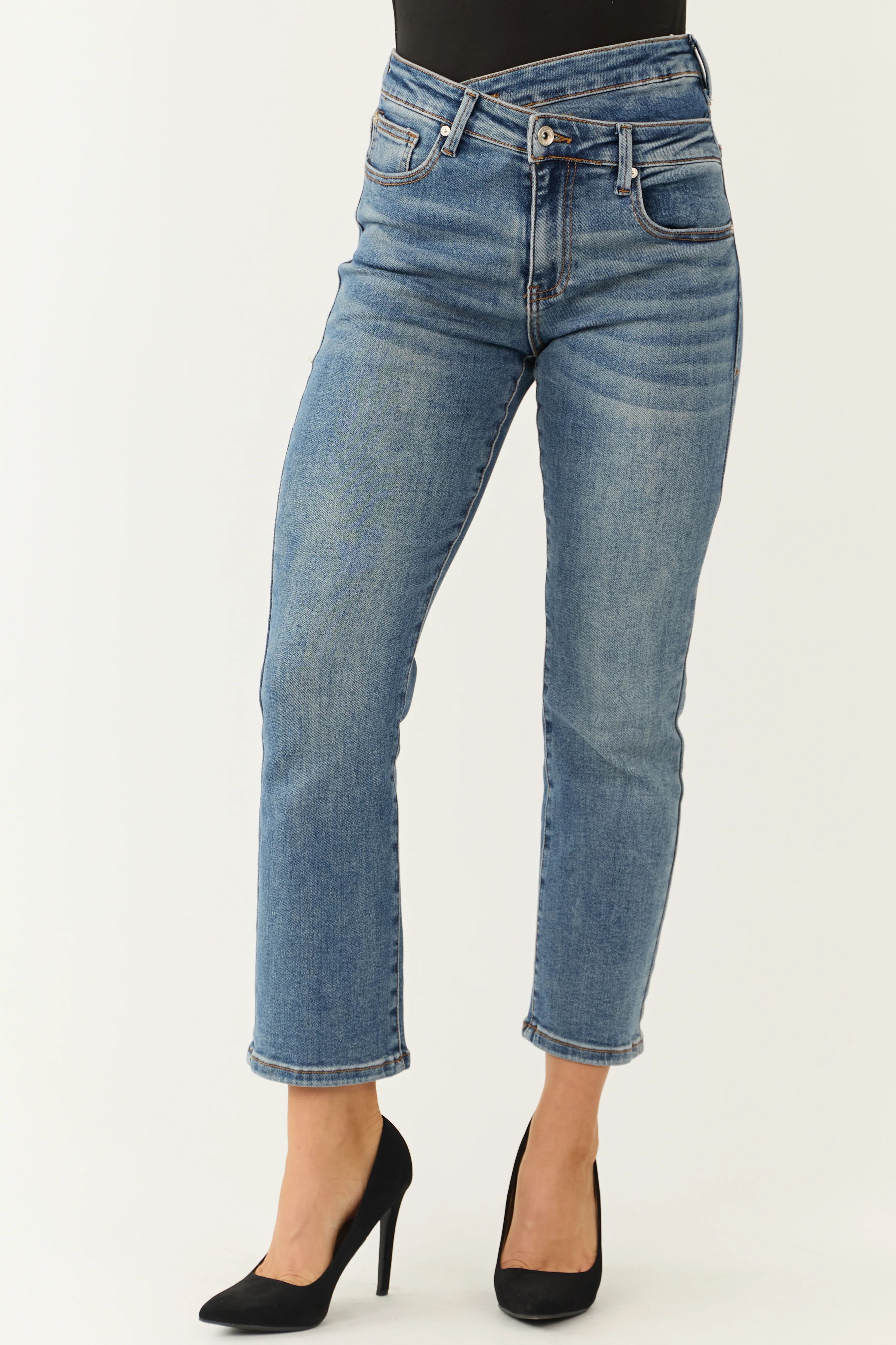 Special A Medium Wash Crossover Straight Leg Jeans - LD SALE