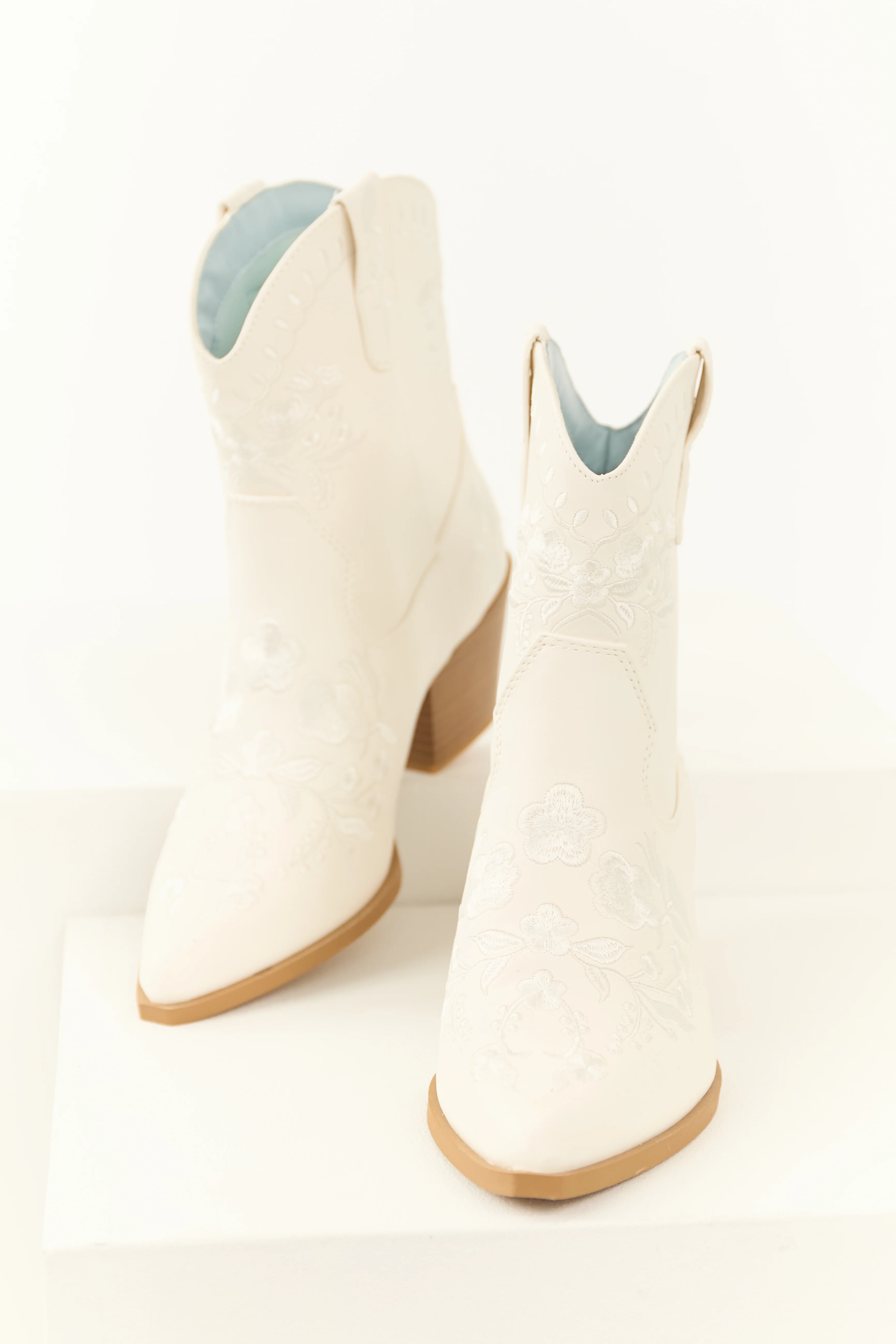 White Floral Embroidered Stacked Heel Booties - LD SALE
