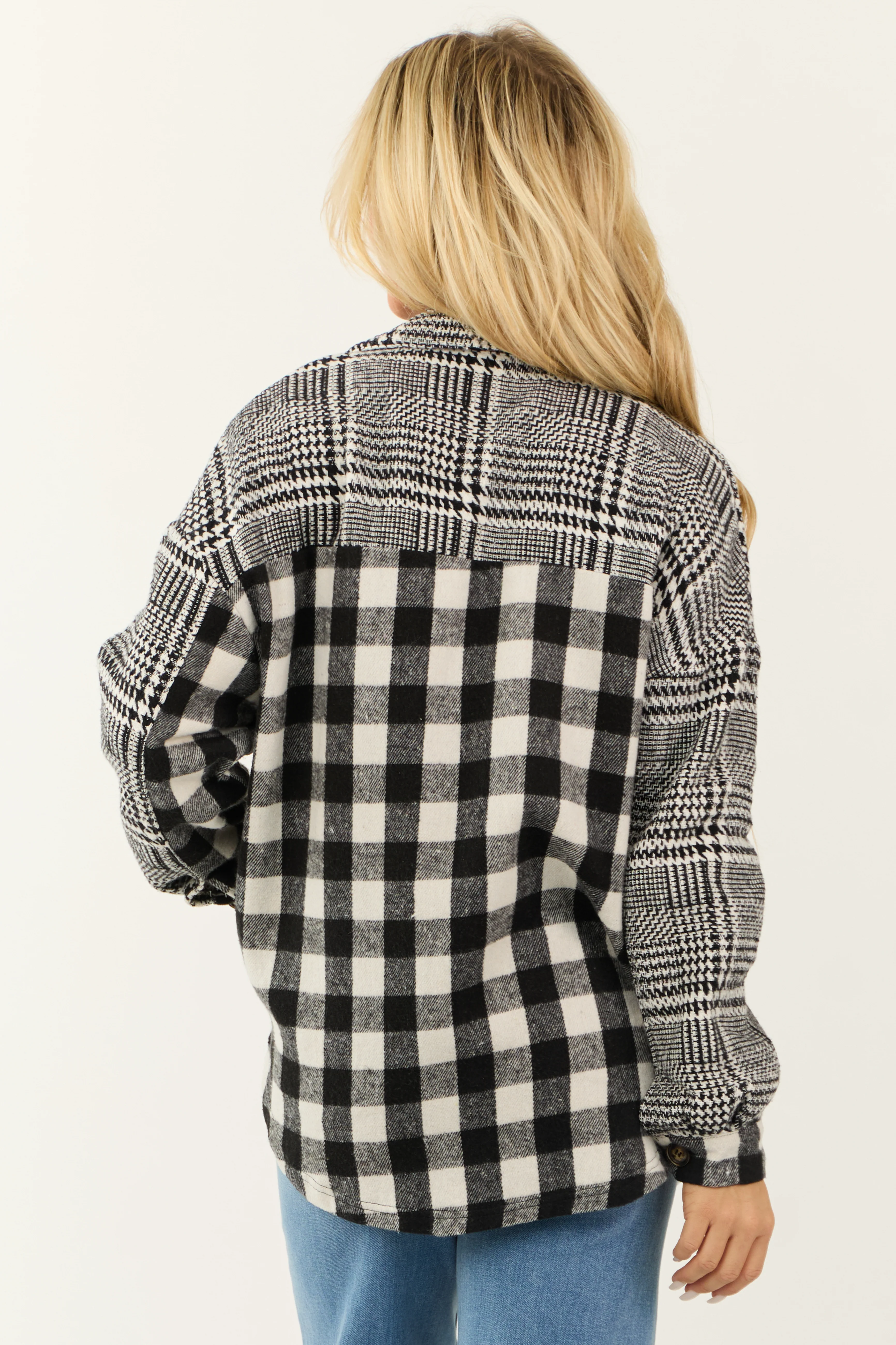 Black and Ivory Mixed Plaid and Gingham Shacket - LD SALE