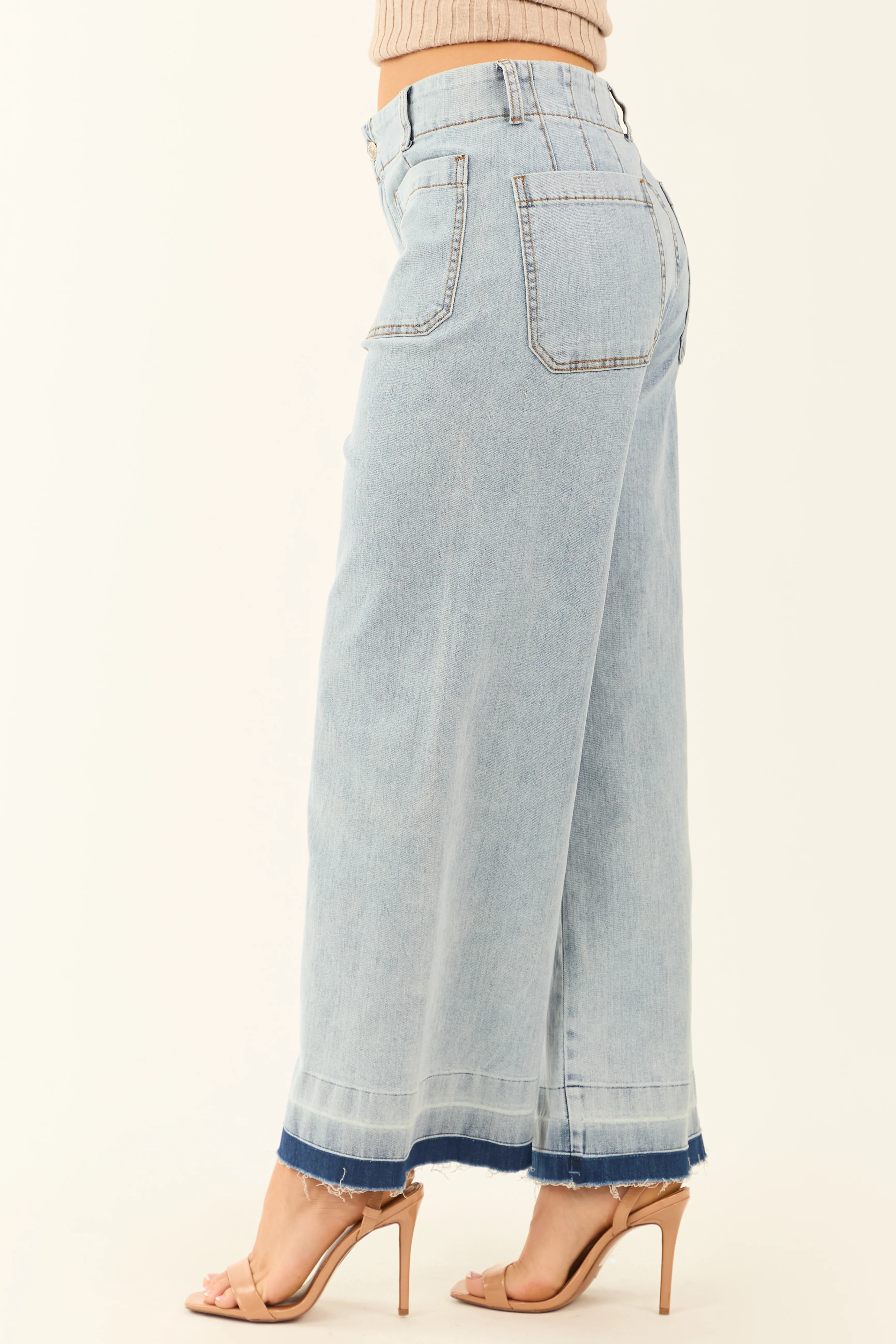 Light Mineral Wash Denim Ombre Hem Patch Pocket Jeans - LD SALE