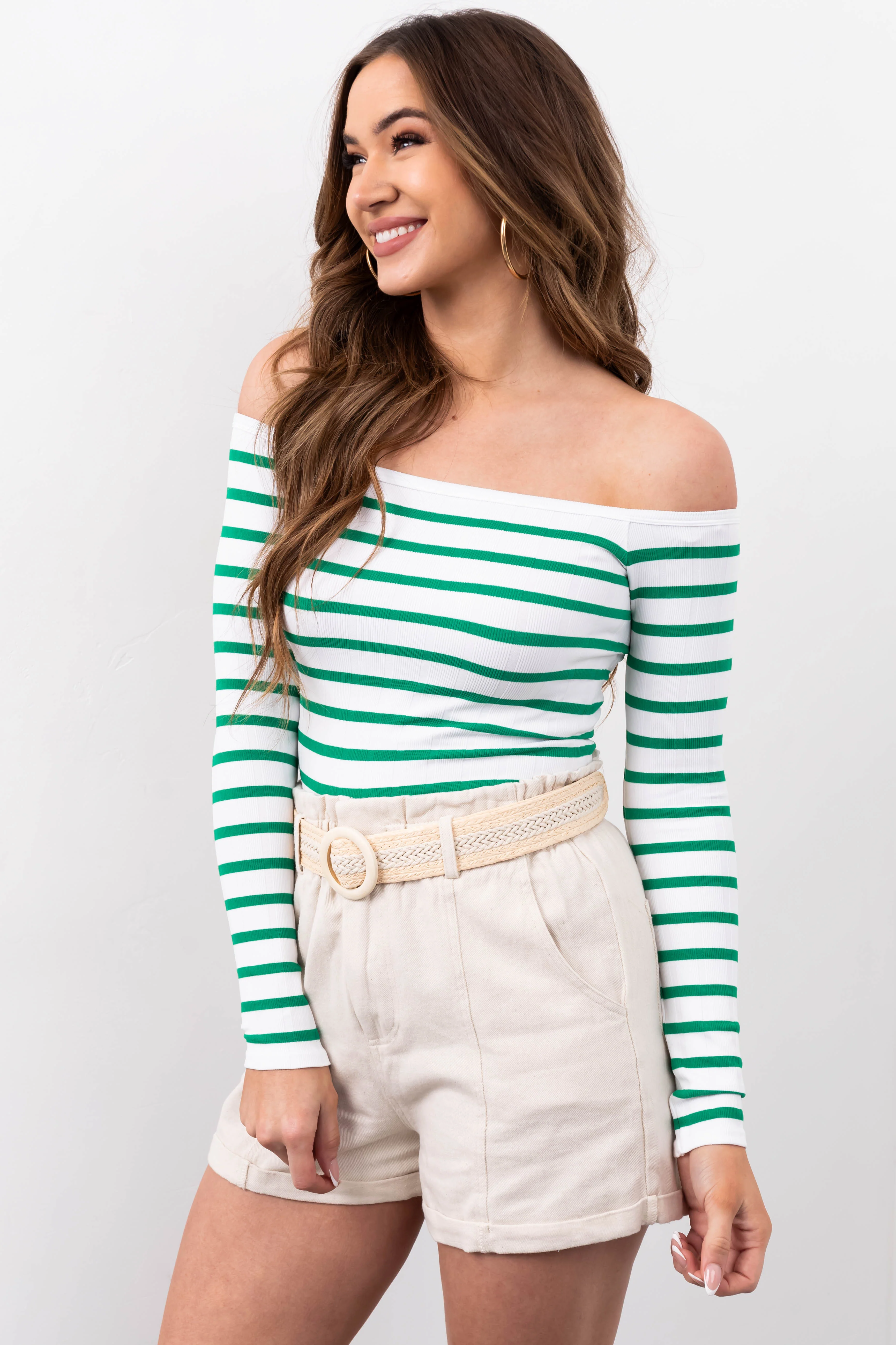 White and Jade Striped Long Sleeve Knit Top - LD SALE