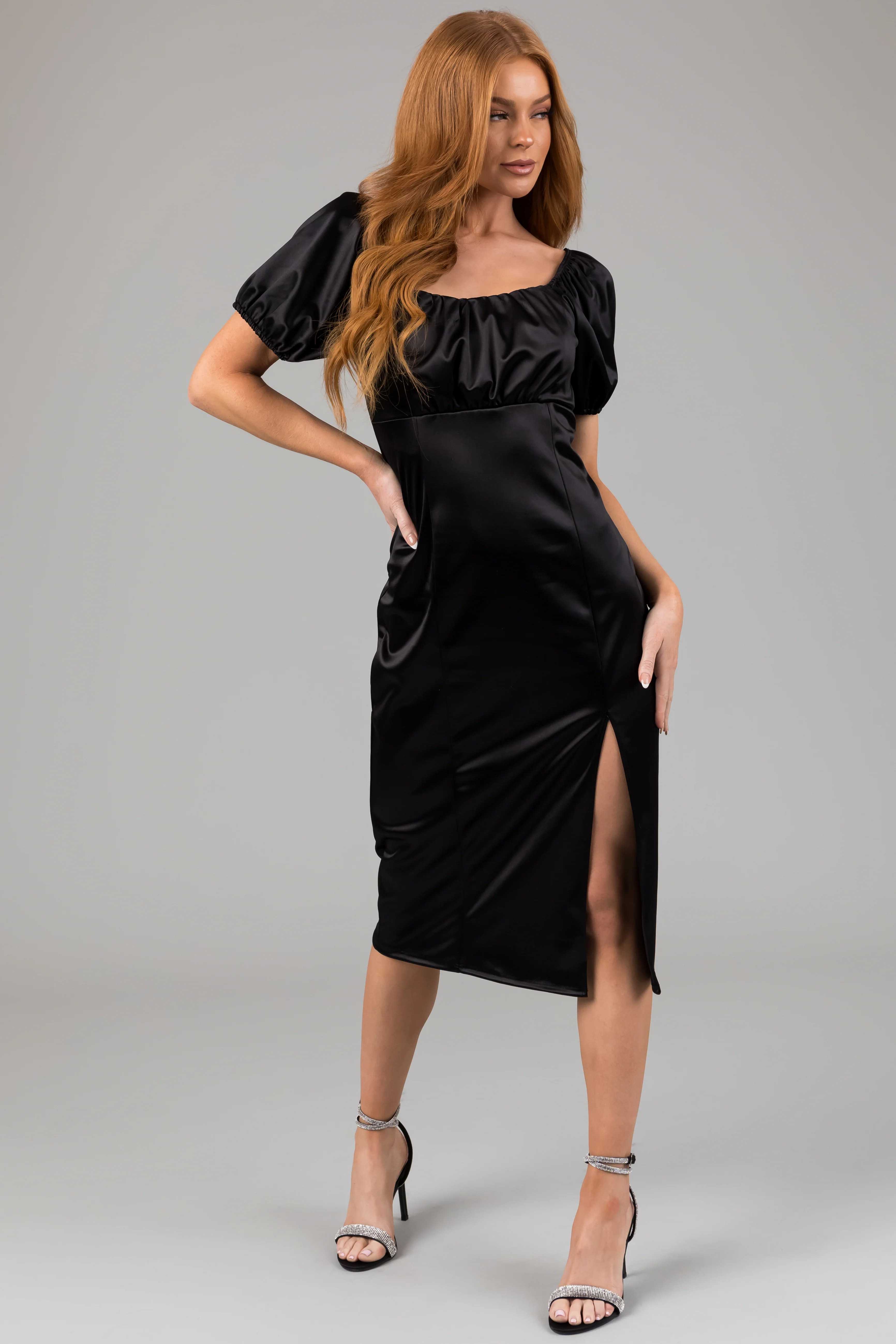 Black Square Neck Puff Sleeve Satin Midi Dress - LD SALE