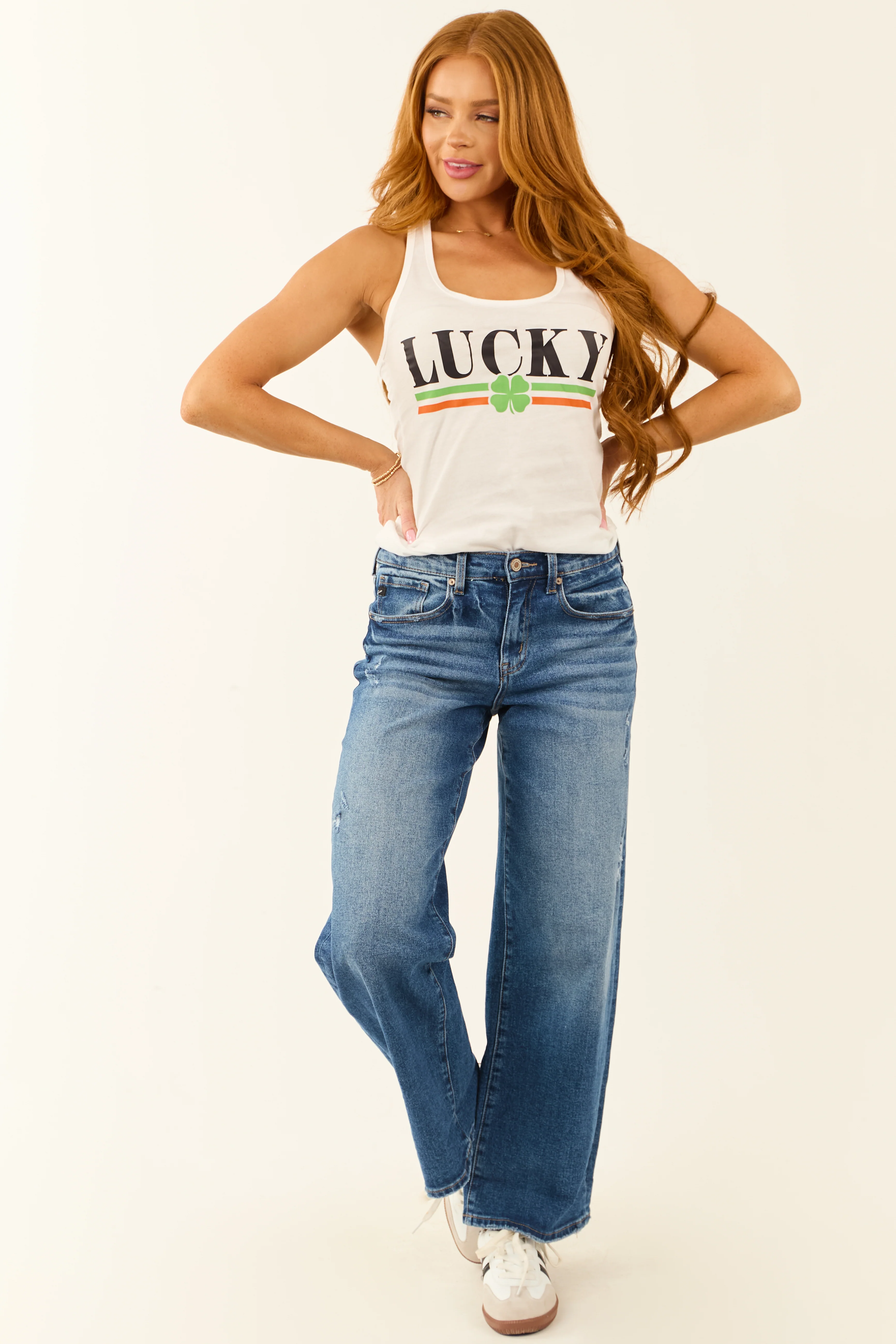 White 'Lucky' Clover Graphic Racerback Tank Top - LD SALE