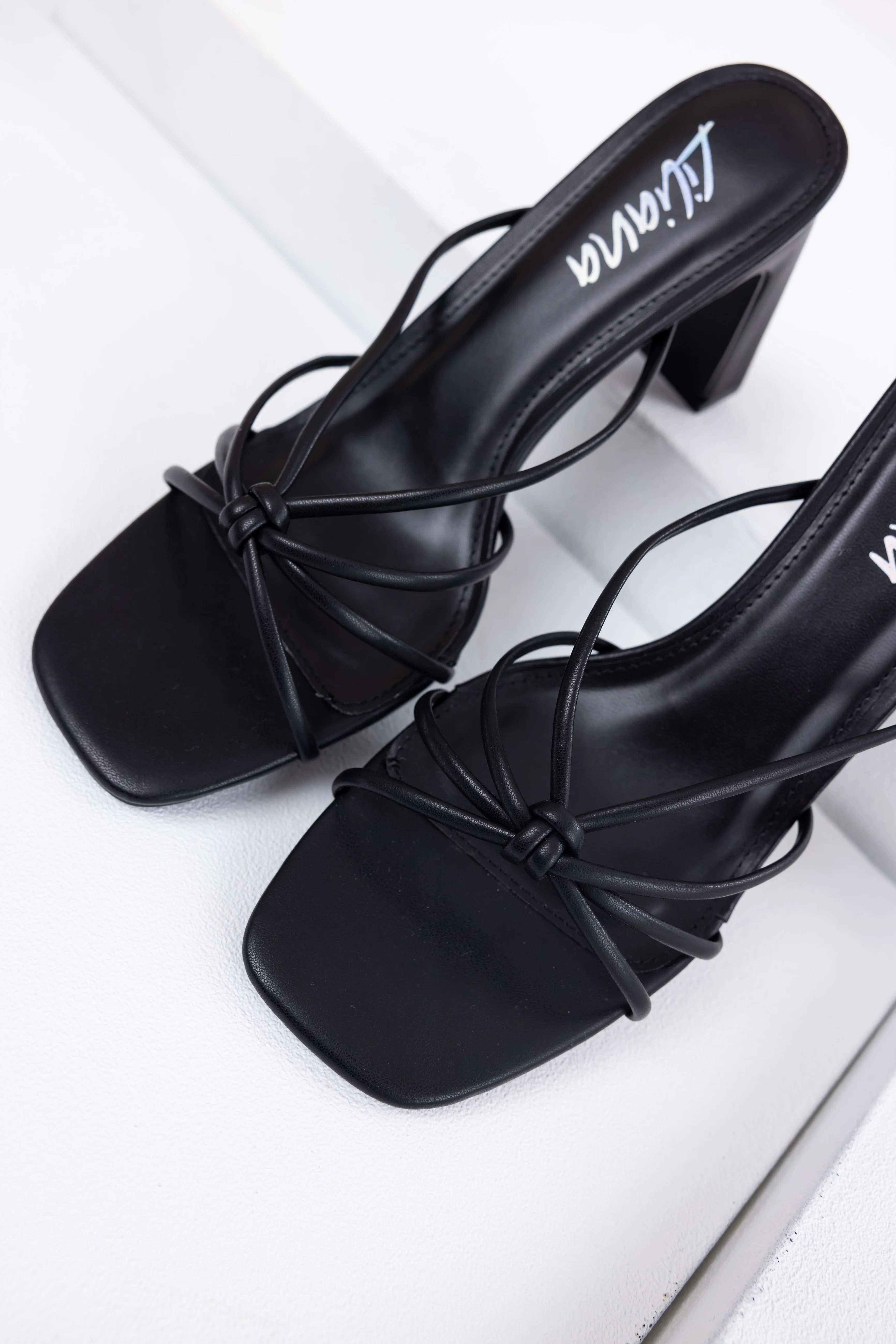 Black Strappy Knot Slip On Dress Heels - LD SALE