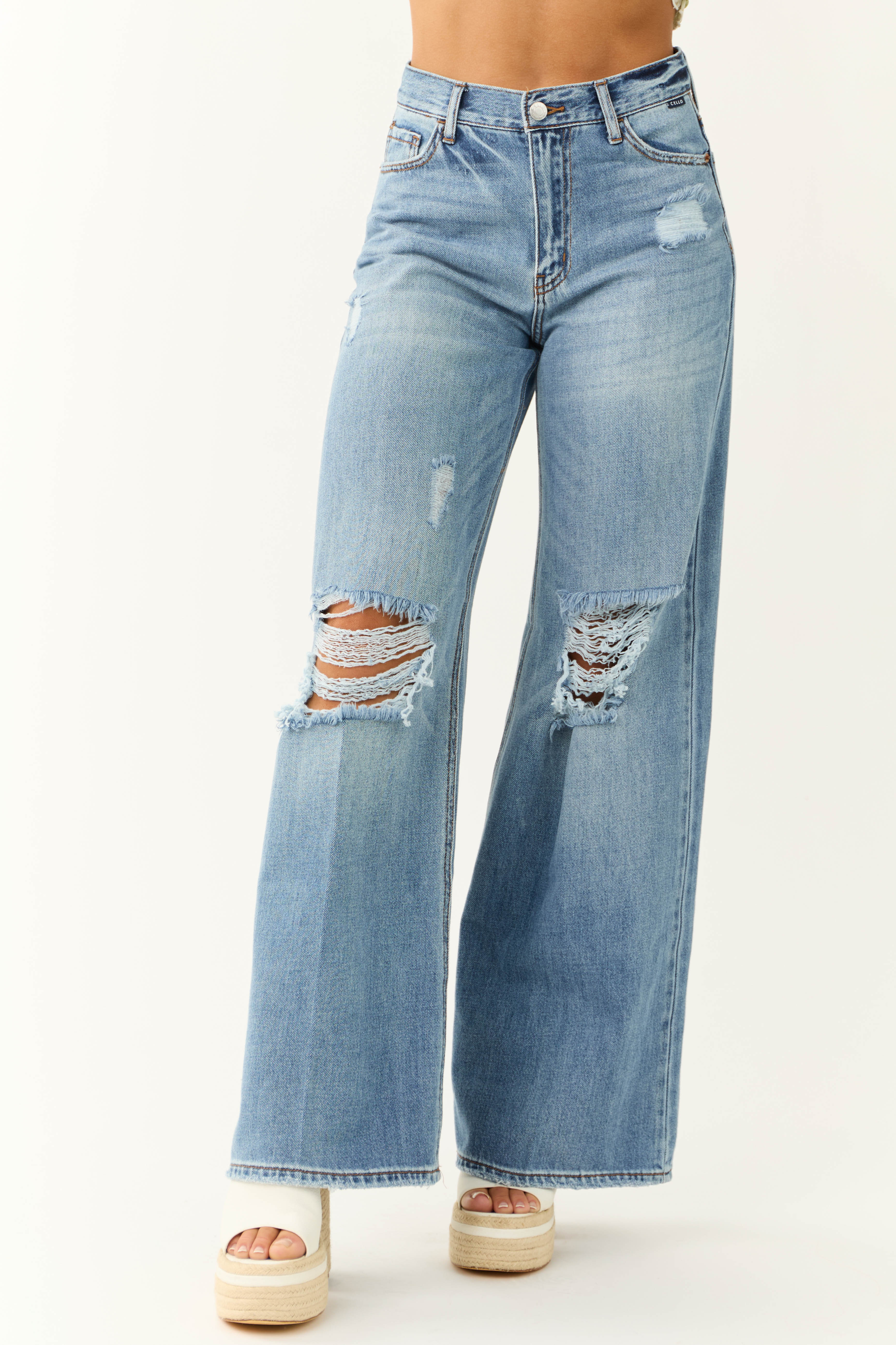Cello Medium Light Wash Distressed Knee Wide Leg Jeans - LD SALE