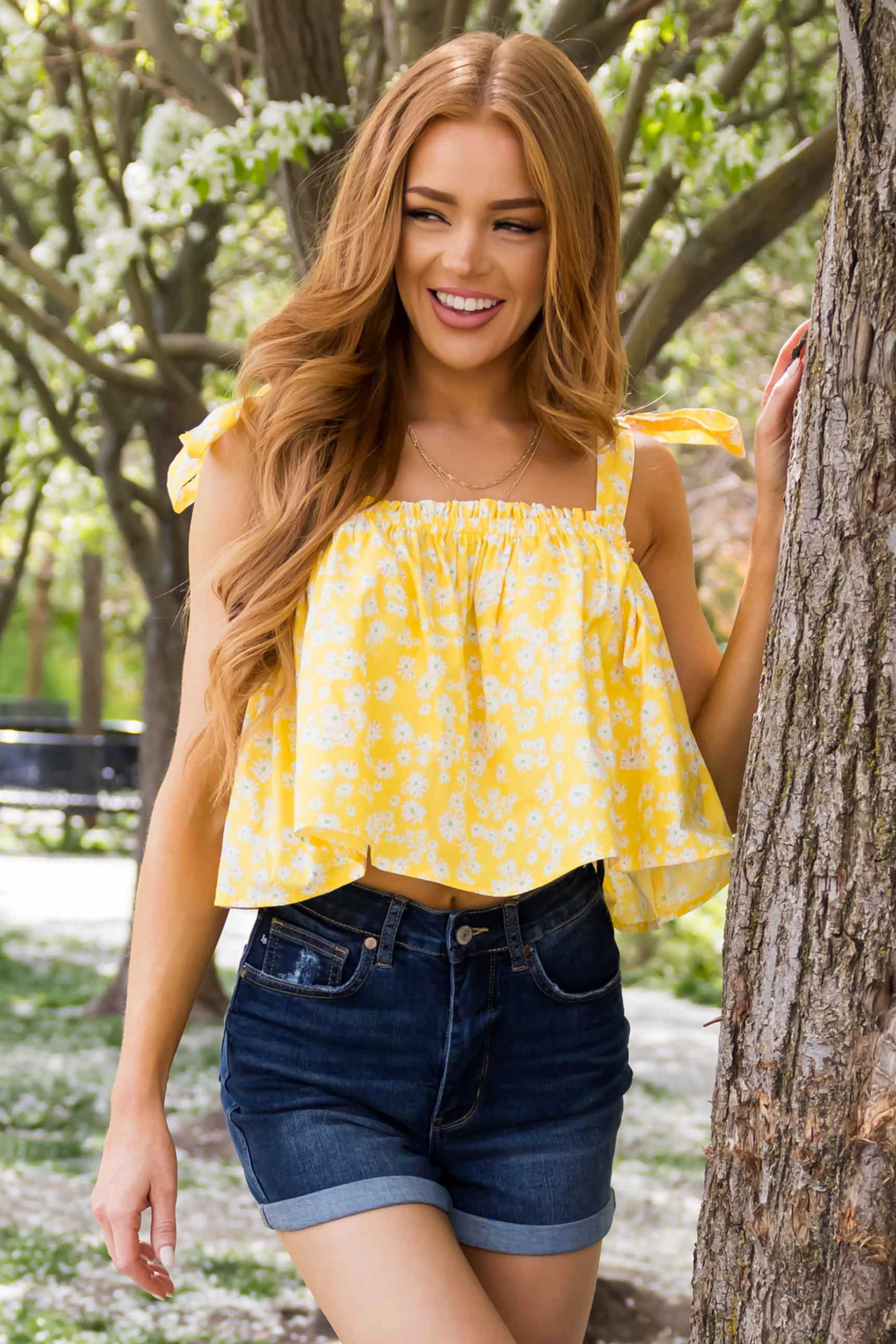 Canary Yellow Ditsy Floral Shoulder Tie Top - LD SALE
