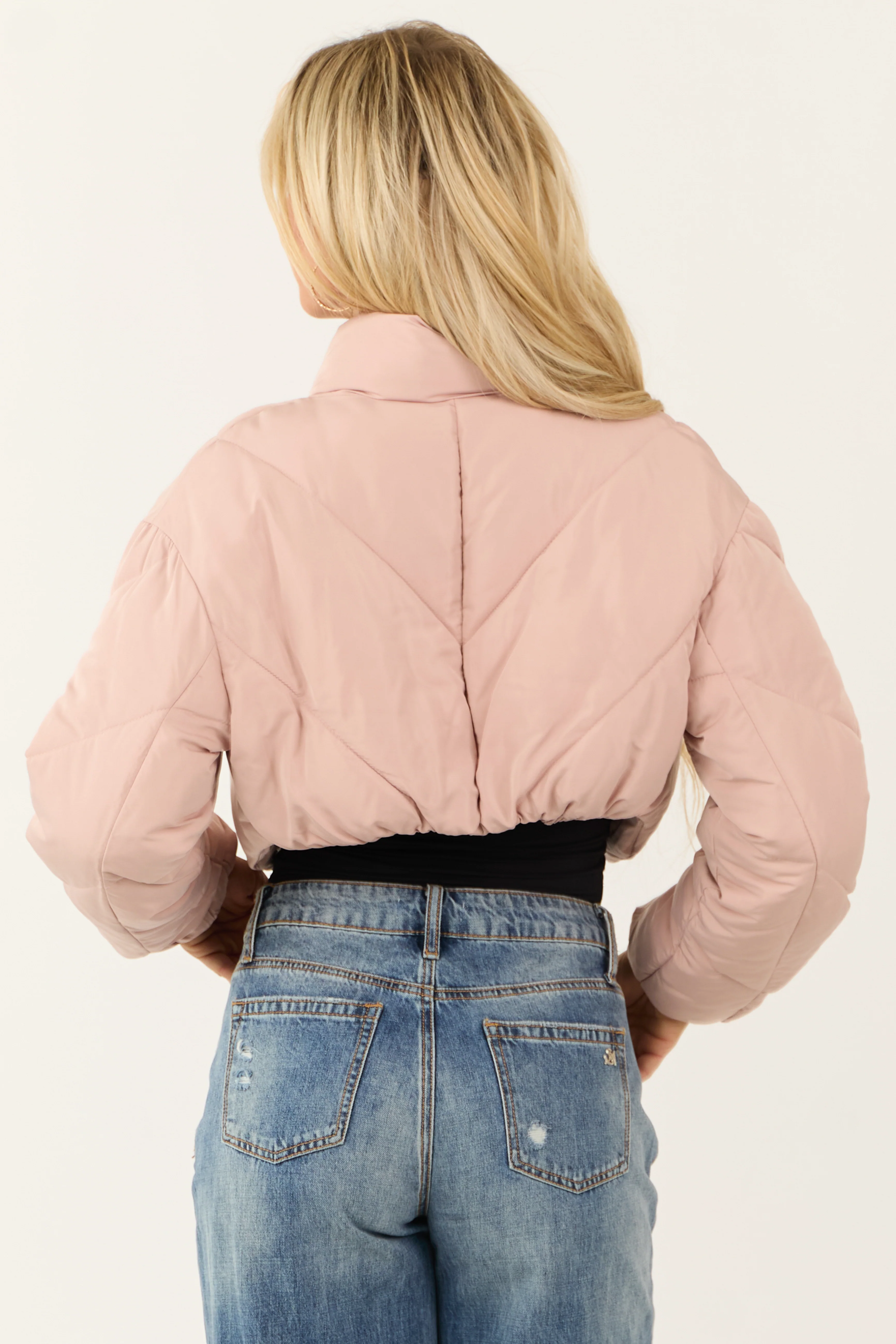 Dusty Blush Super Cropped Zip Up Puffer Jacket - LD SALE