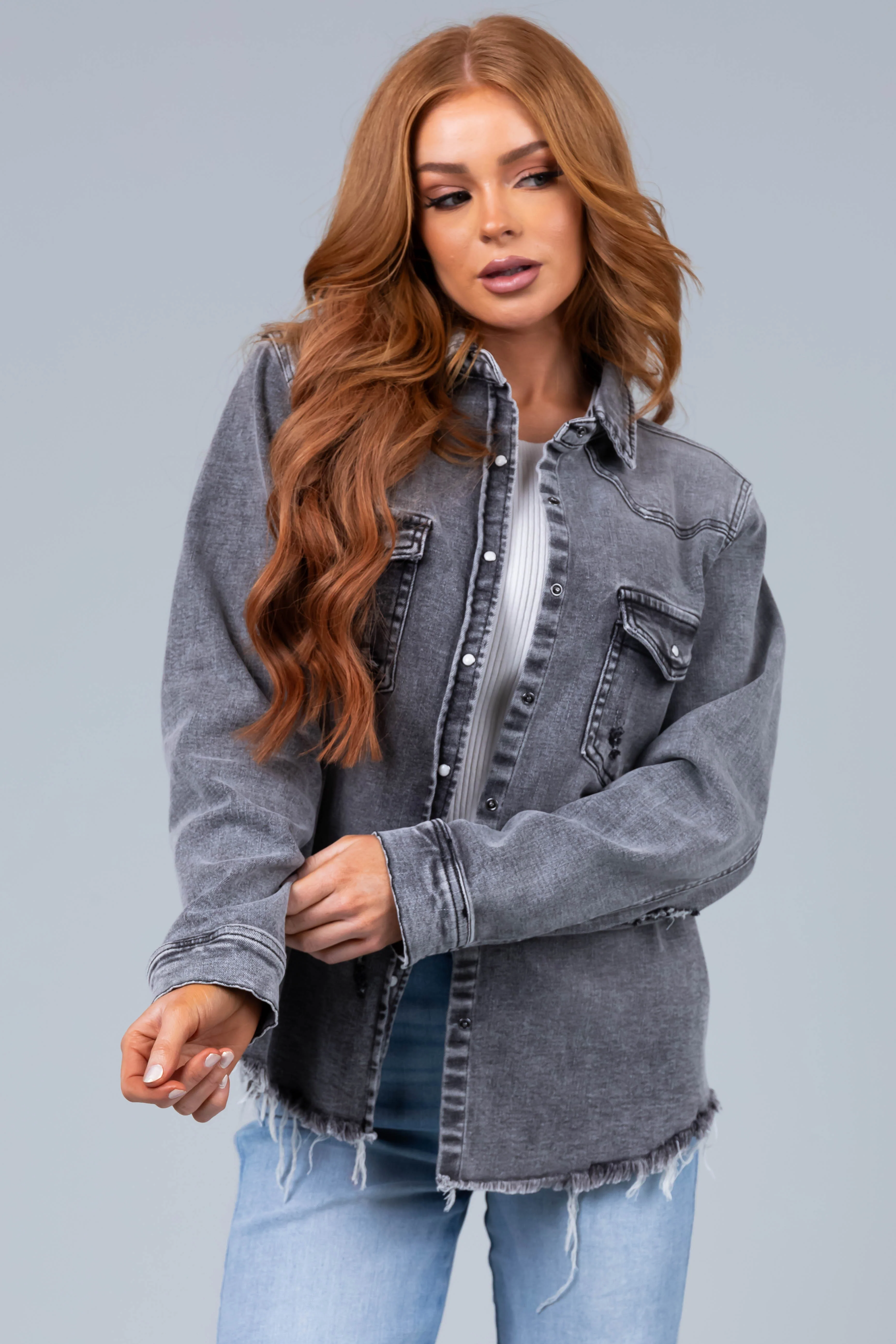 Graphite Button Up Distressed Denim Jacket - LD SALE