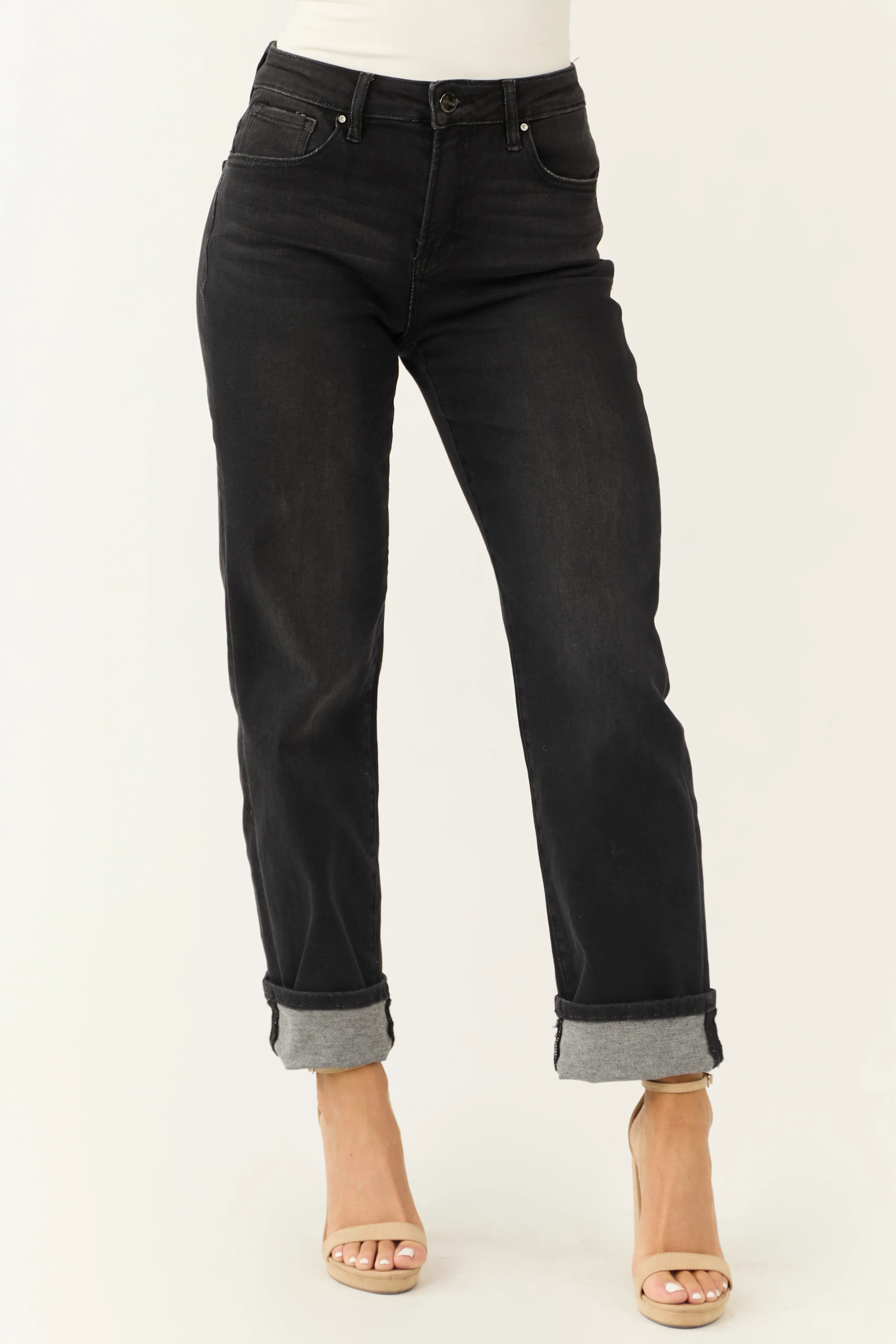 Risen Black Cuffed Cropped High Rise Boyfriend Jeans - LD SALE