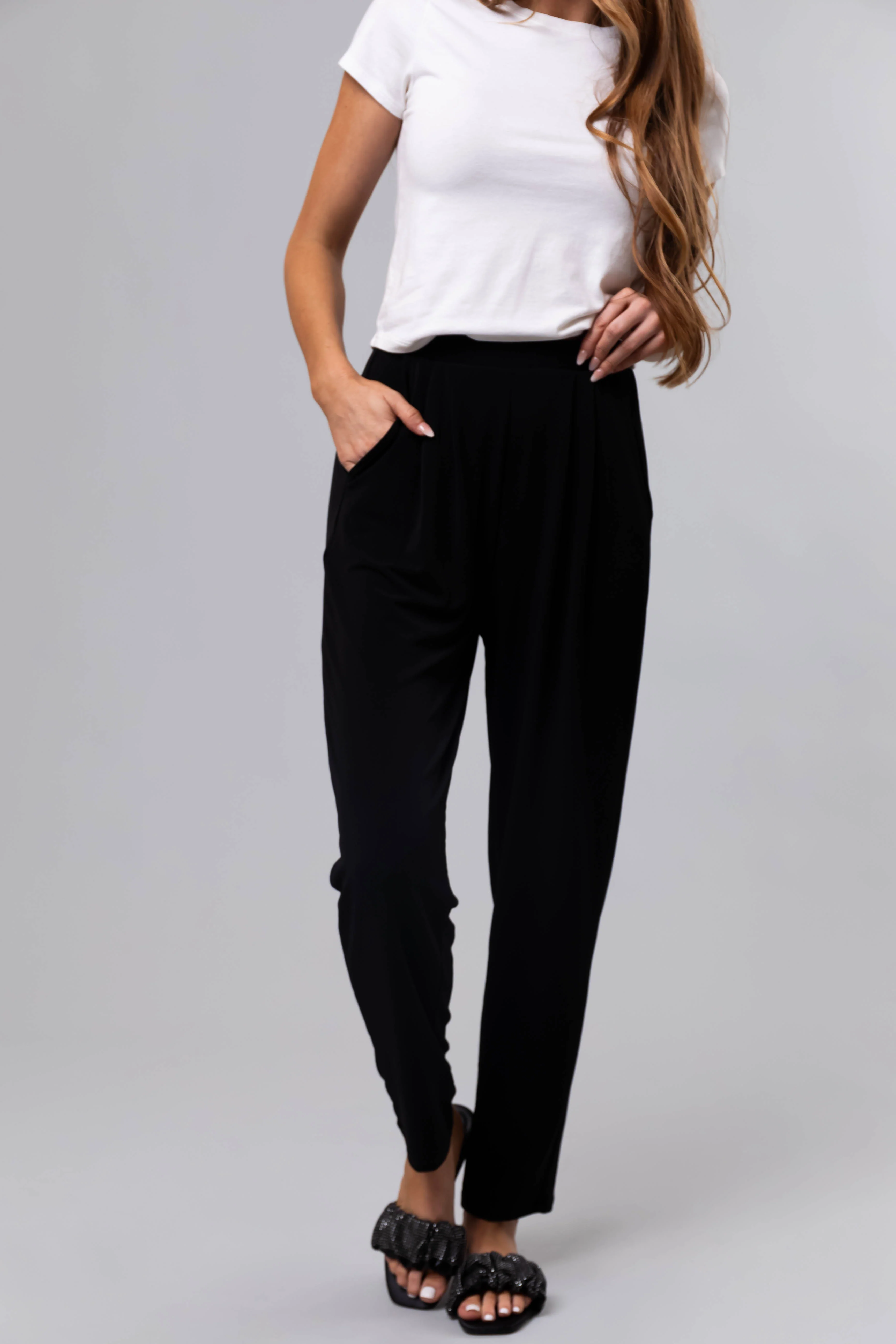 Black High Waist Pleated Straight Leg Pants - LD SALE