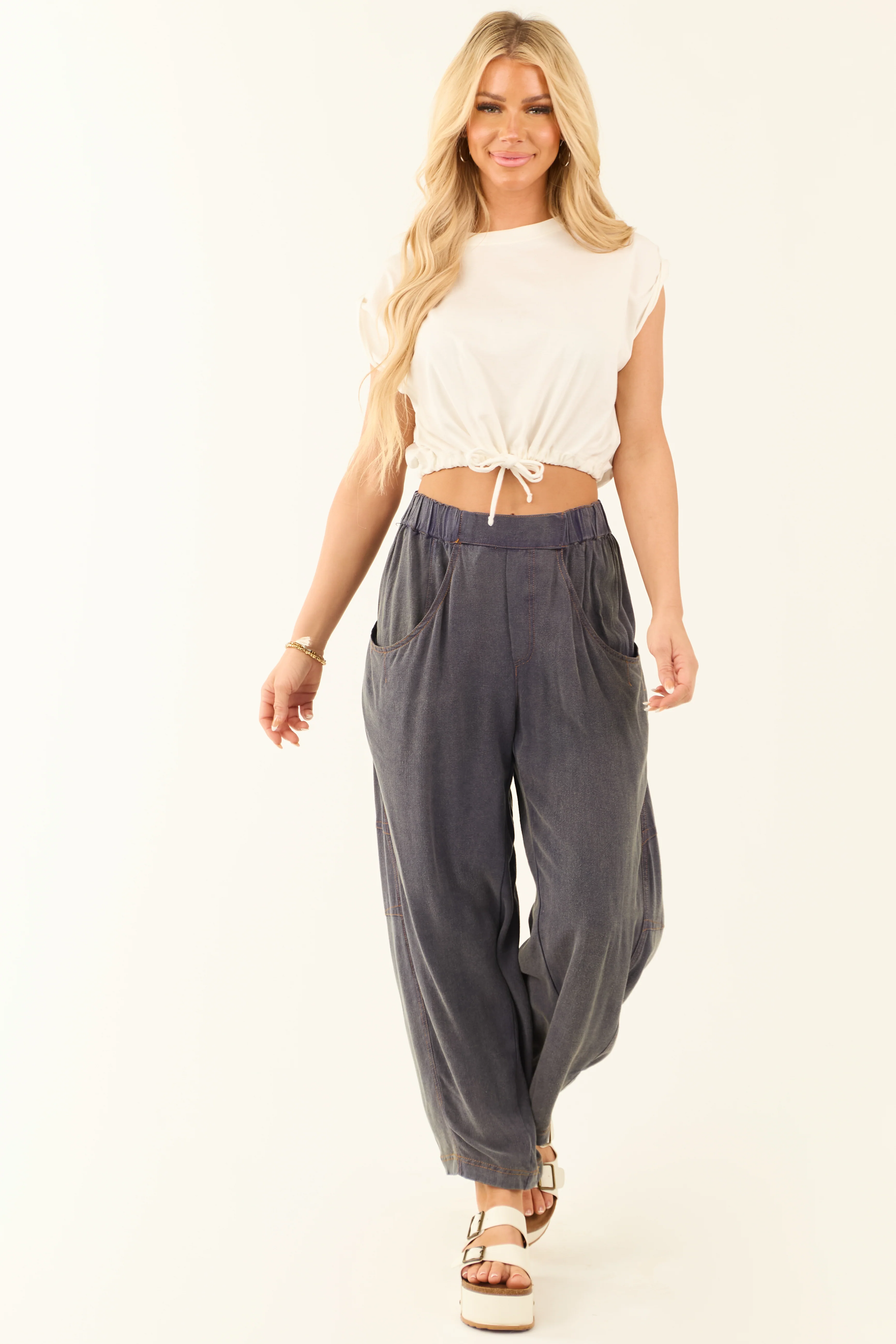 Slate Washed Cropped Loose Linen Pants - LD SALE