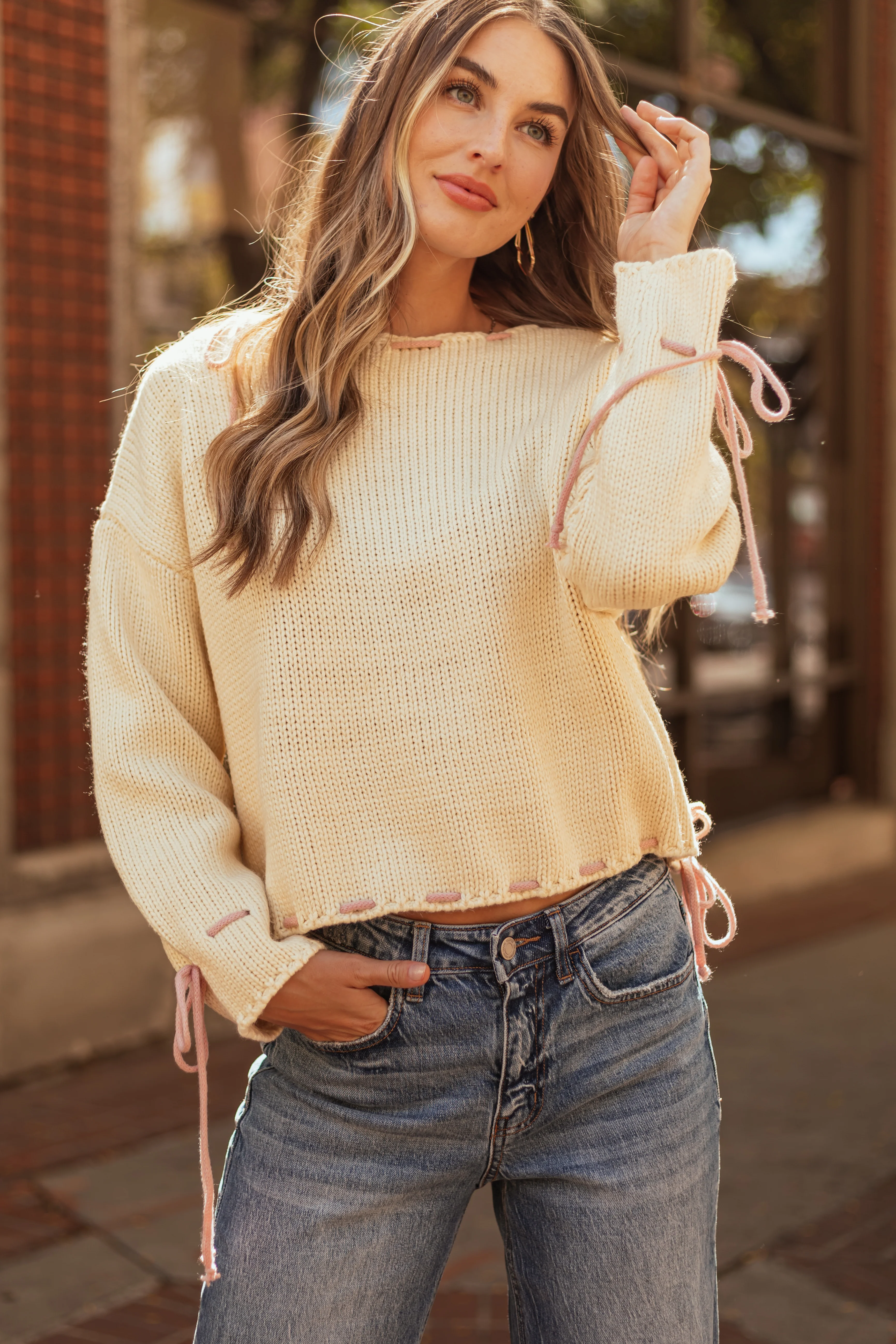 Cream Contrast Cinched Thread Knit Sweater - LD SALE