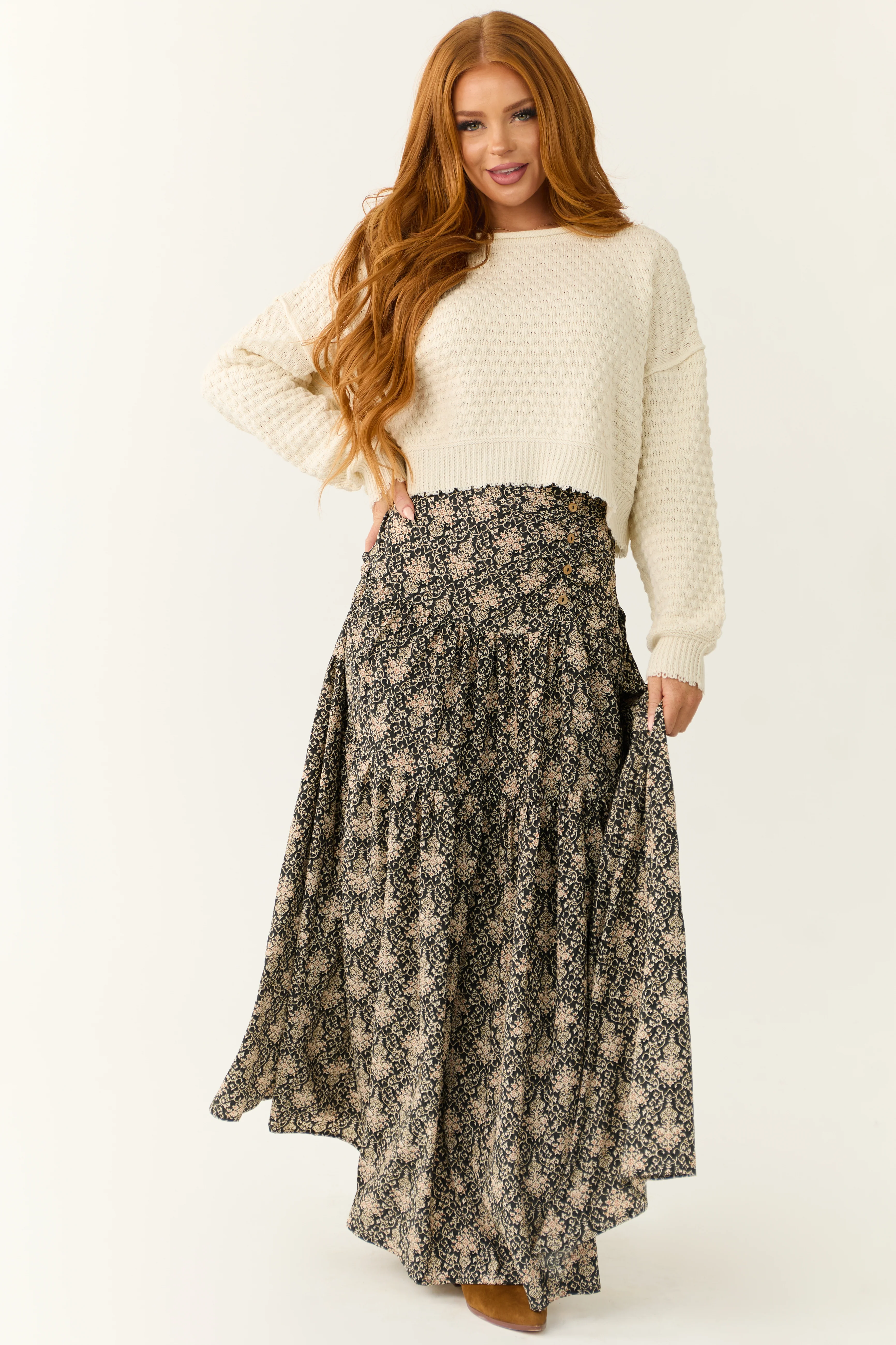 Cream Patterned Knit Mid Length Sweater - LD SALE