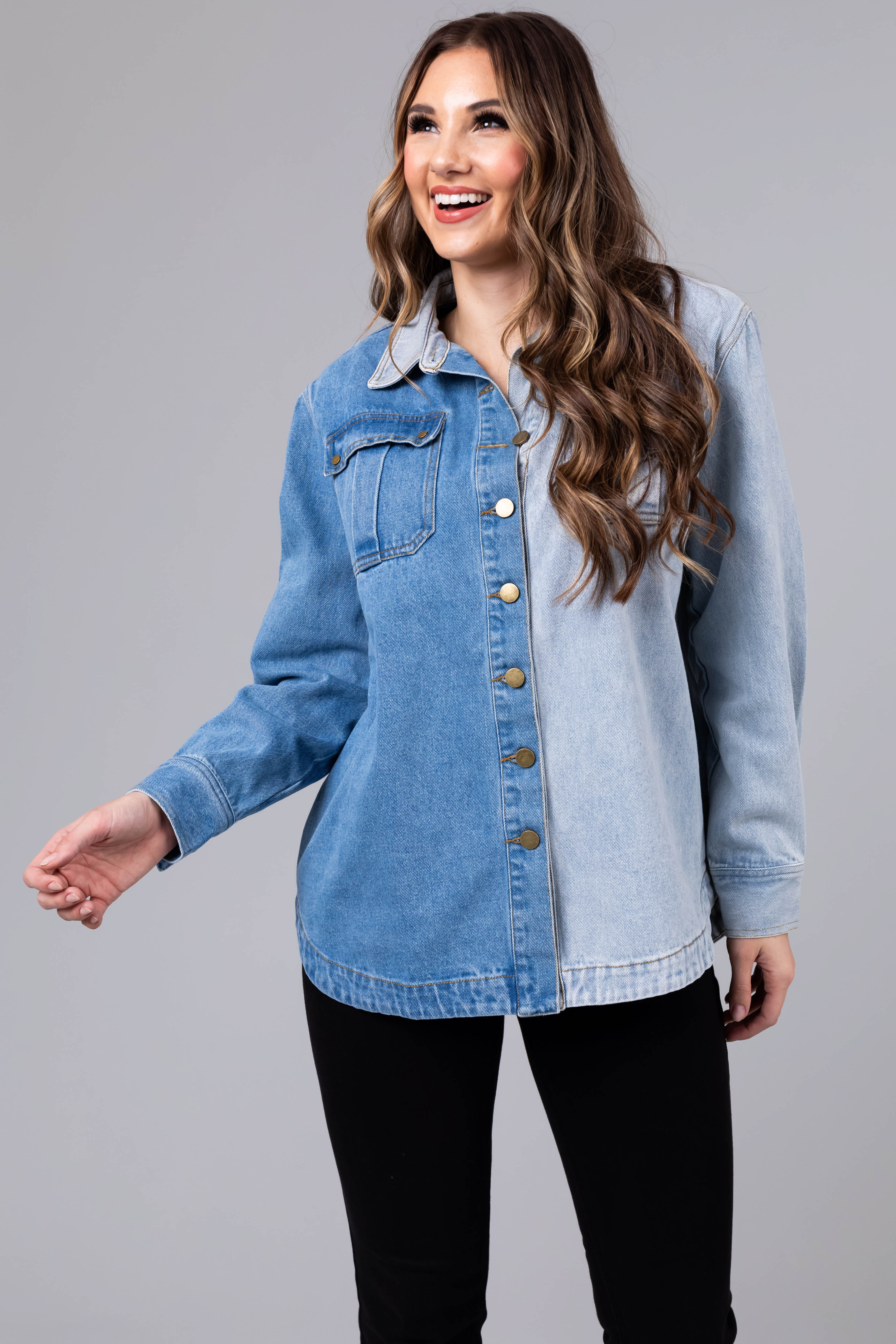 Denim Colorblock Button Down Shacket - LD SALE
