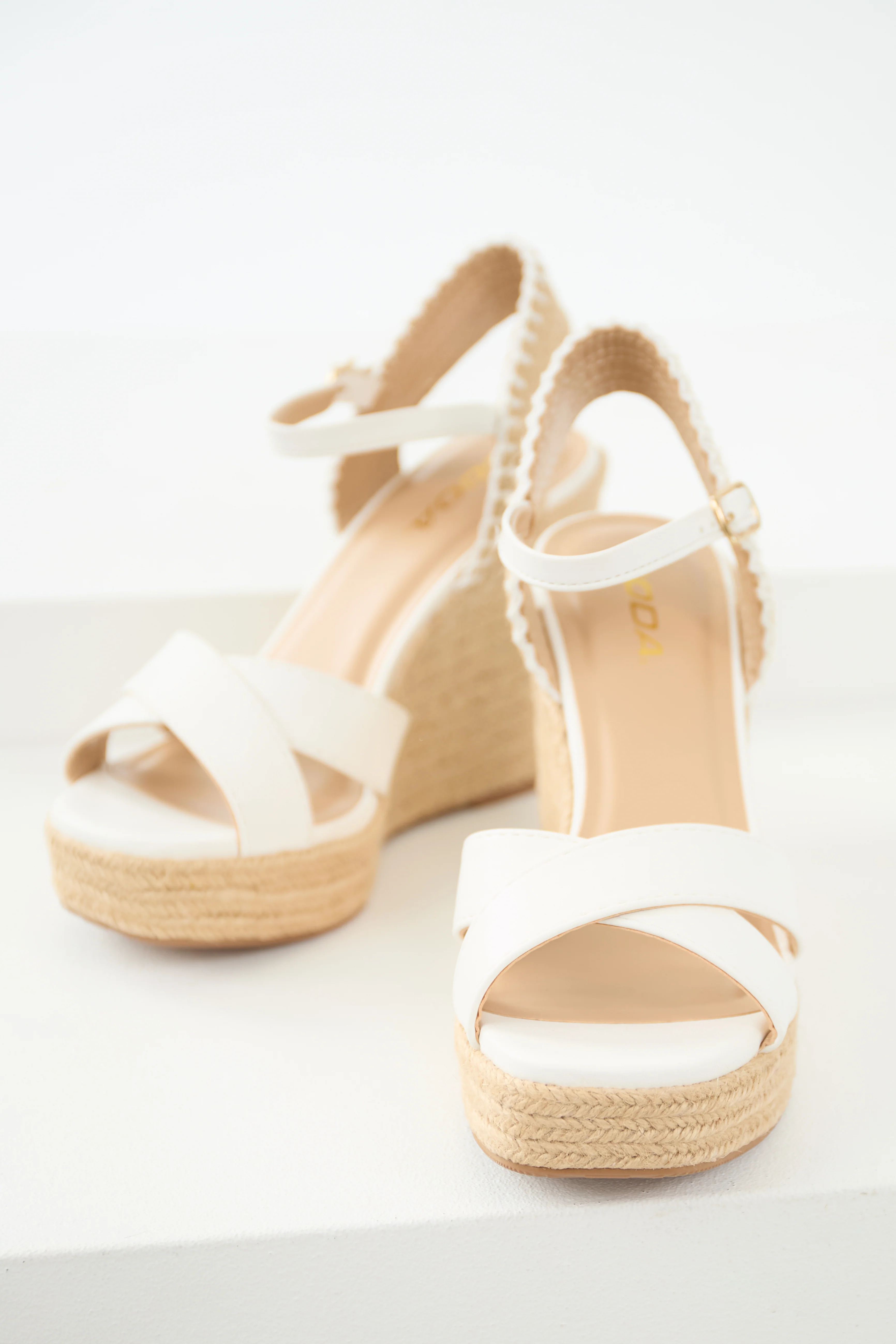 Off White Cross Strap Platform Espadrille Wedges - LD SALE