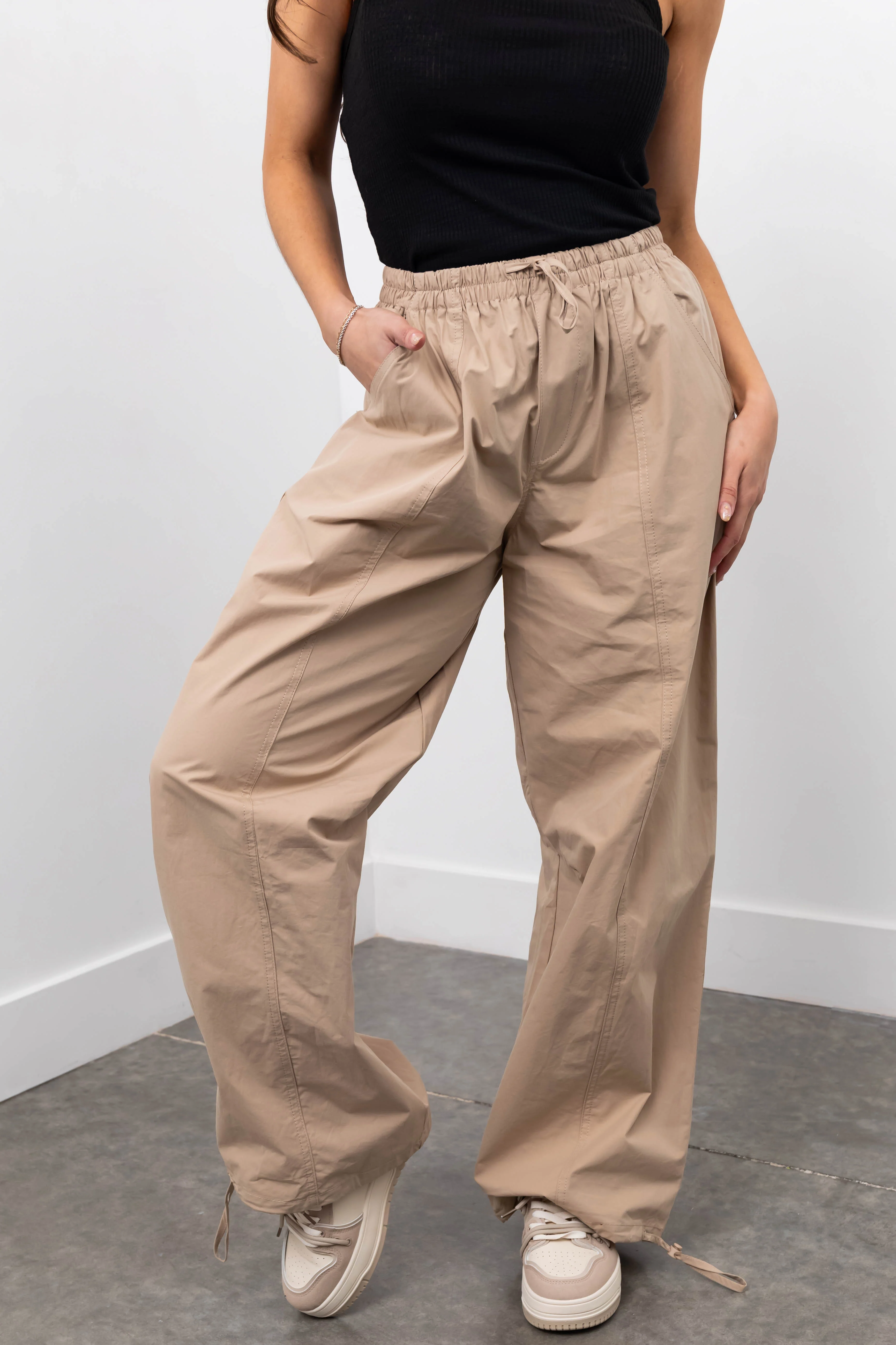 Khaki Drawstring Hem Windbreaker Pants - LD SALE