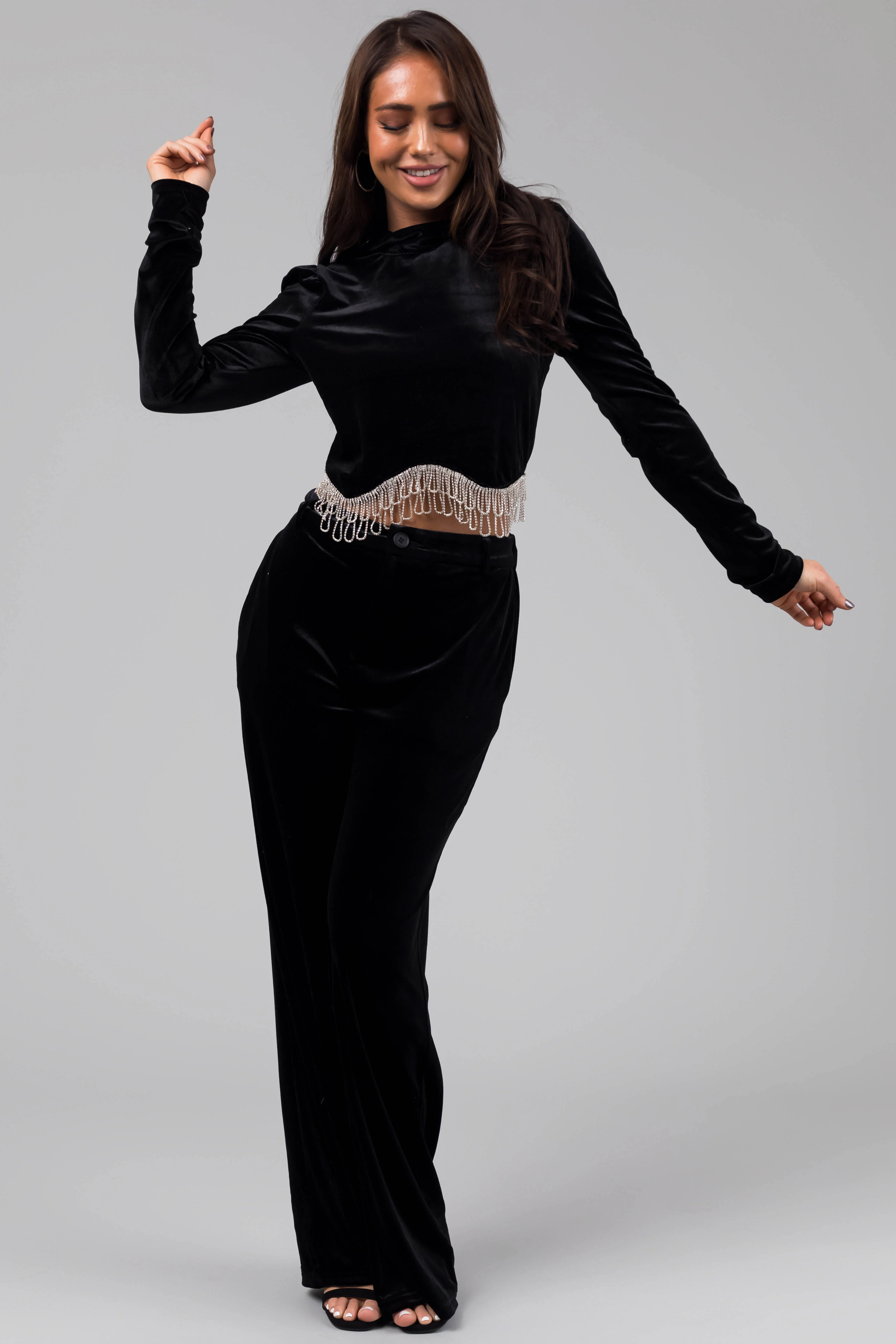 Black Velvet Long Sleeve Rhinestone Trim Top - LD SALE