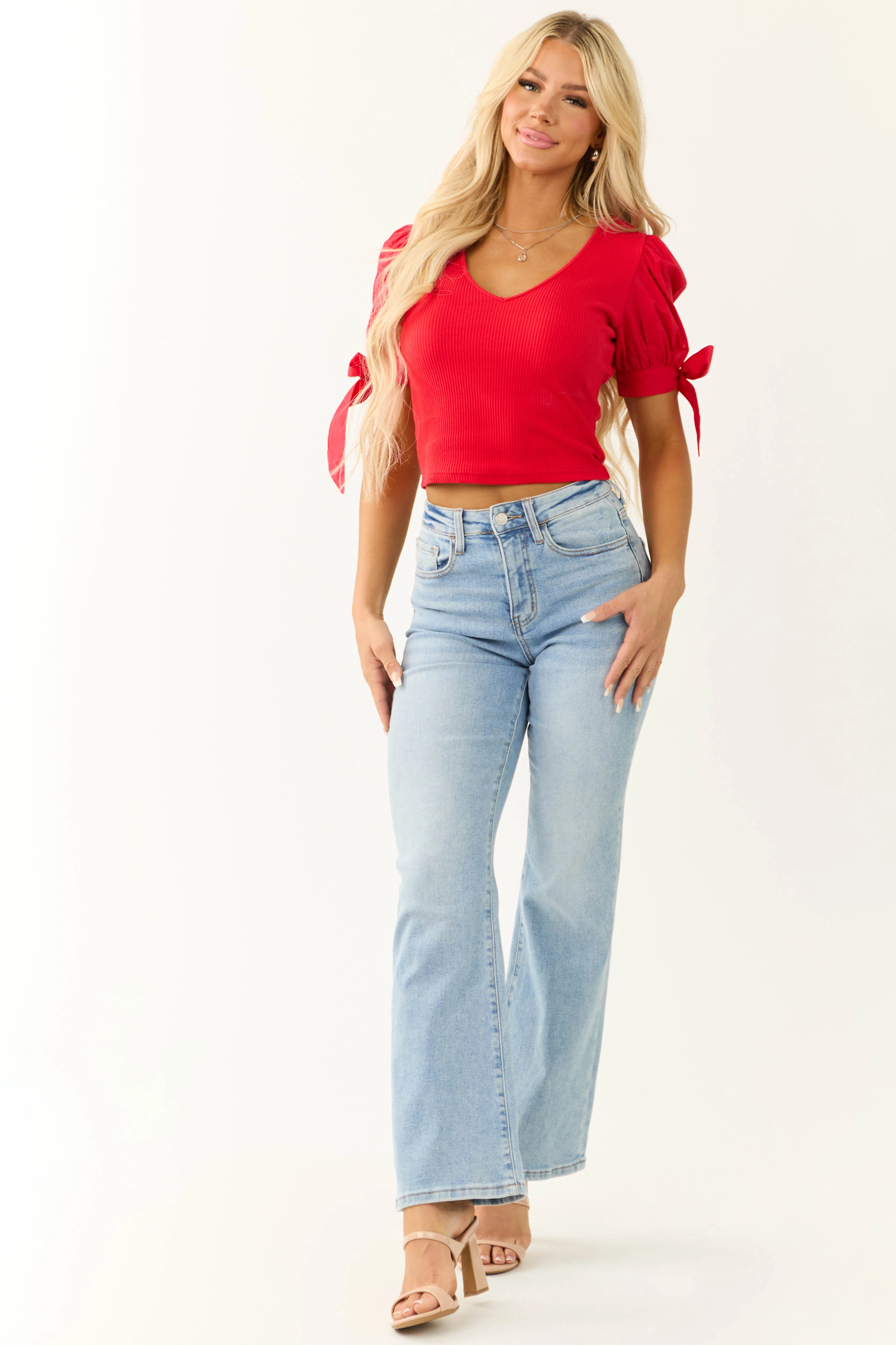 Ruby V Neck Tie Cuff Puff Sleeve Top - LD SALE