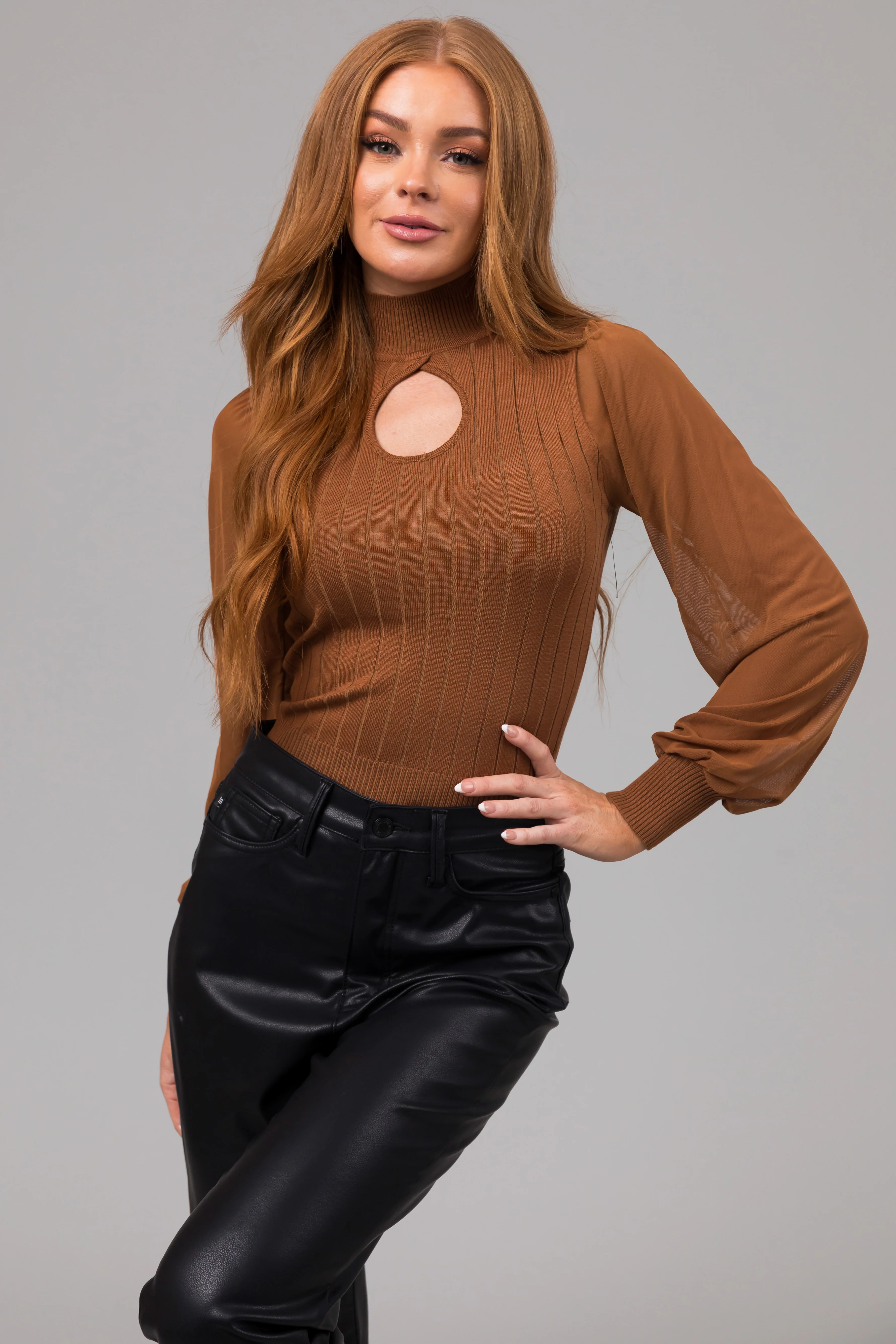 Cognac Mock Keyhole Neck Illusion Sleeve Top - LD SALE