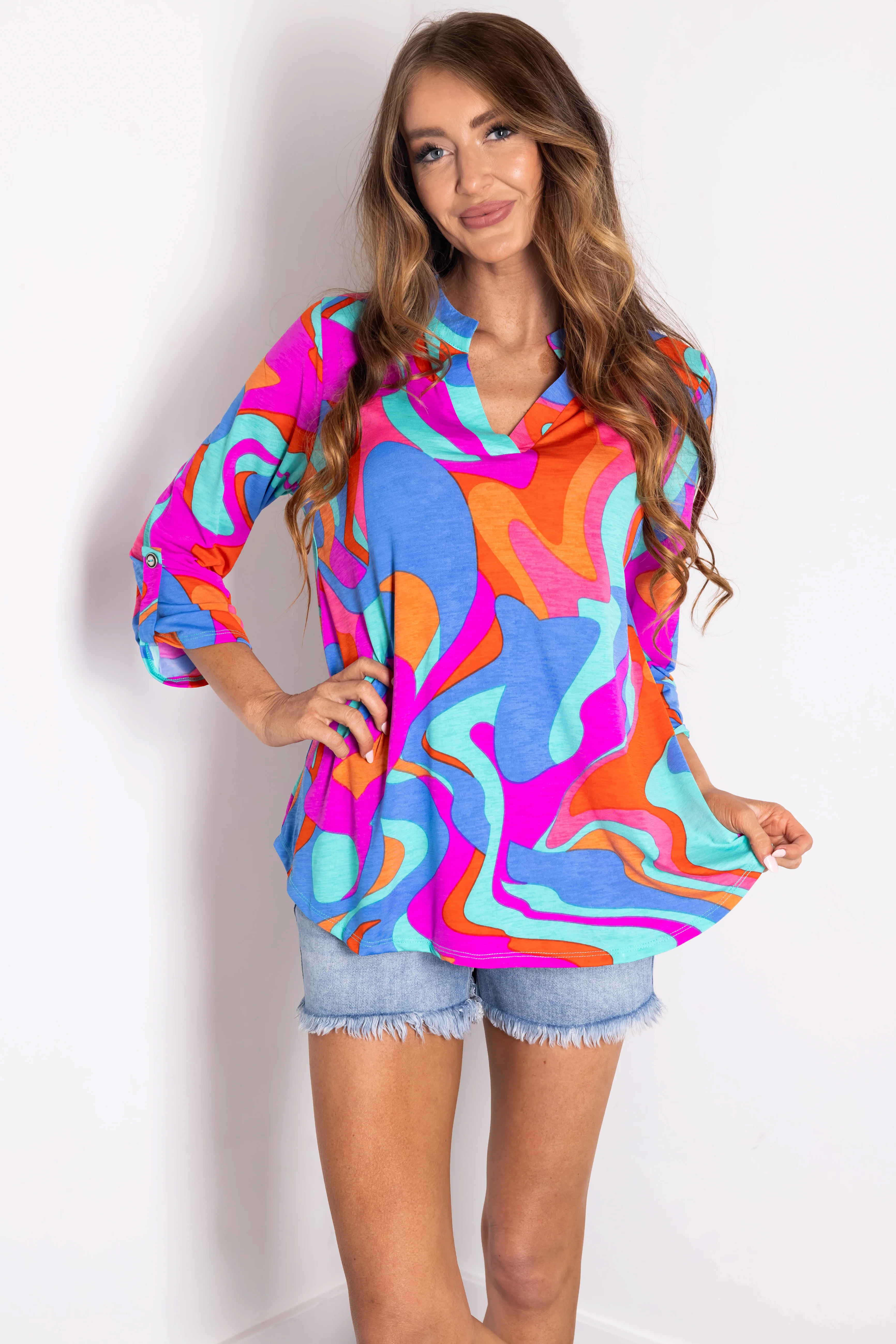 Multicolor Bright Abstract 3/4 Sleeve Knit Blouse - LD SALE