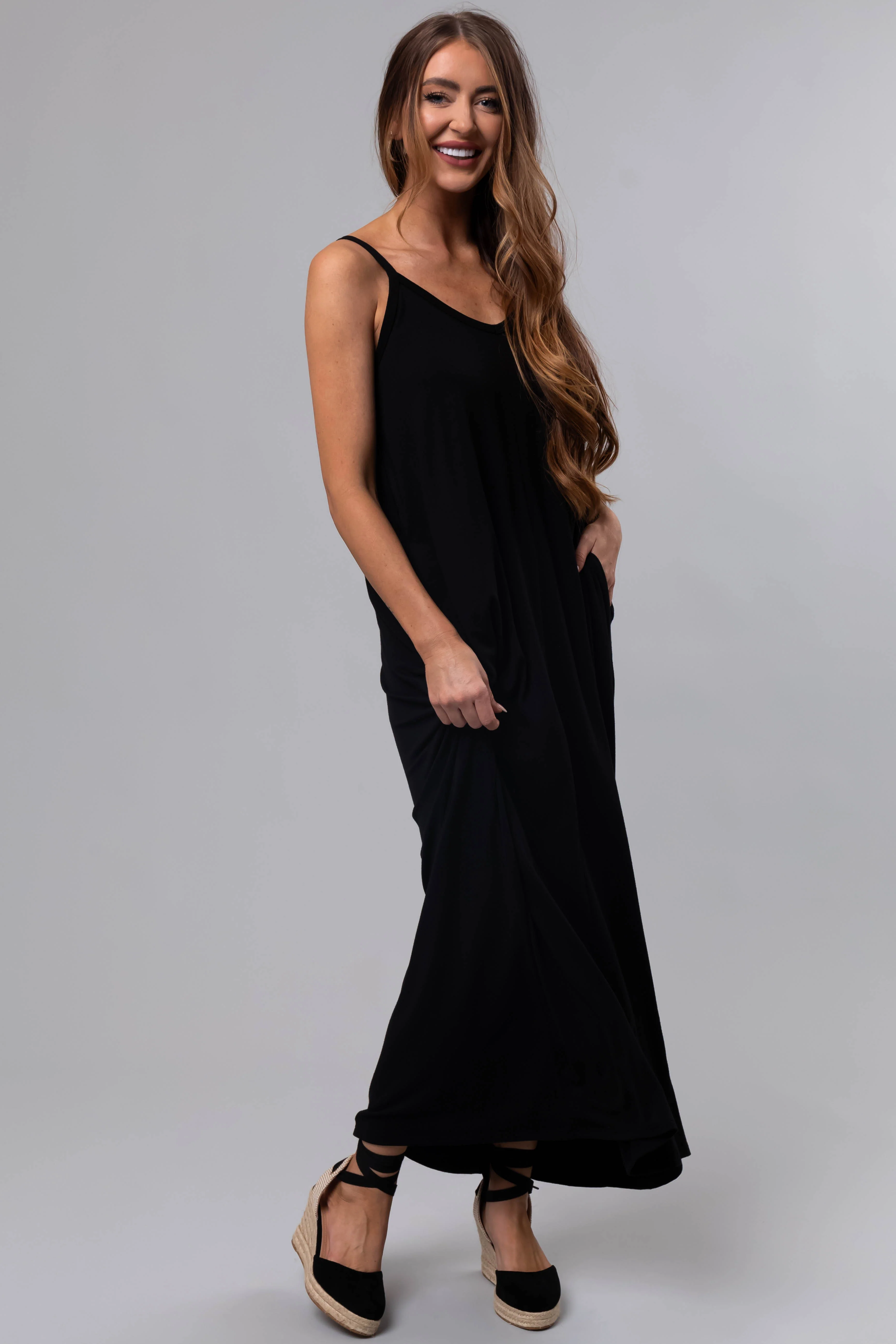 Black Sleeveless Knit Maxi Dress with Pockets - LD SALE