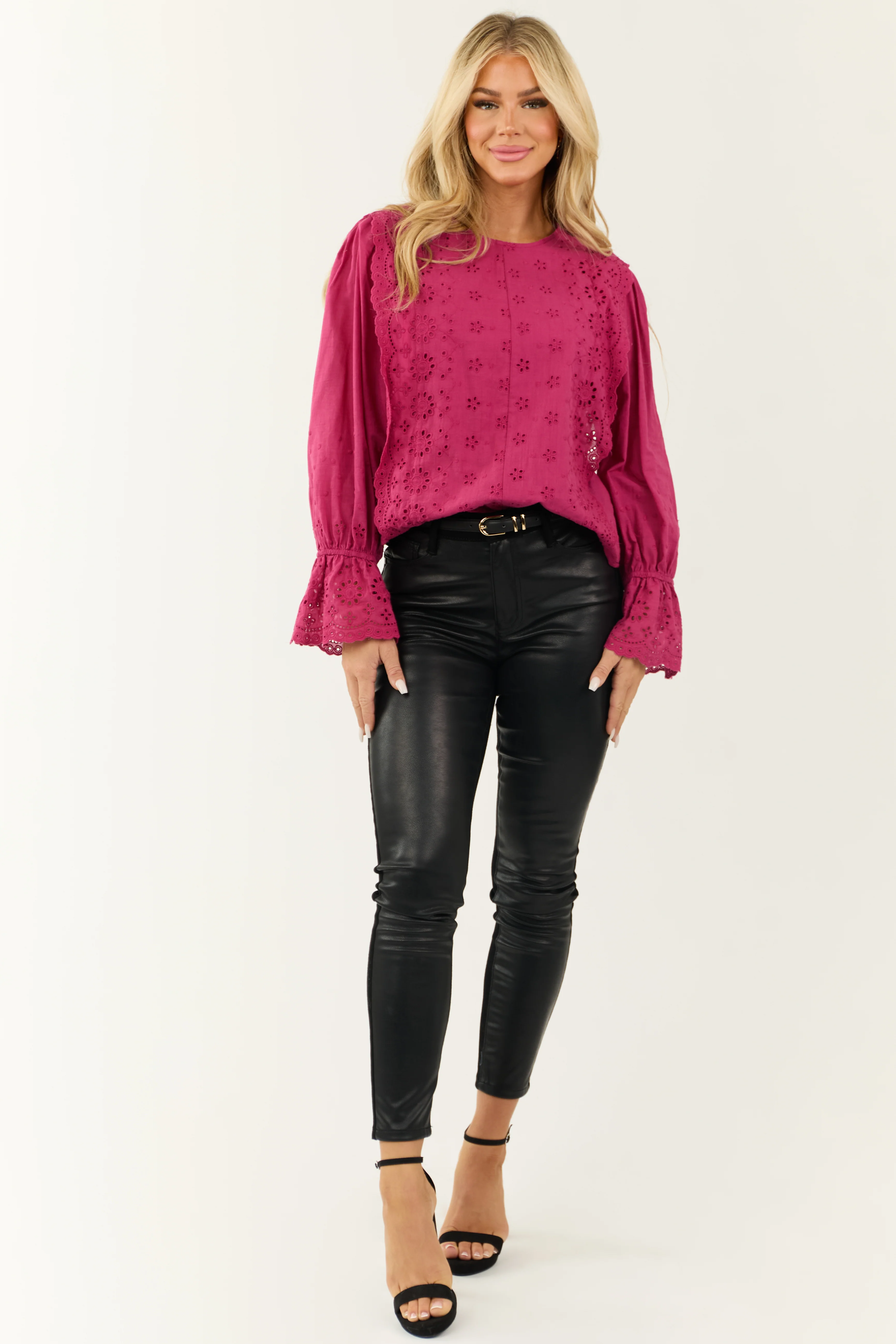 Fuchsia Eyelet Lace Long Sleeve Top with Tie Back - LD SALE