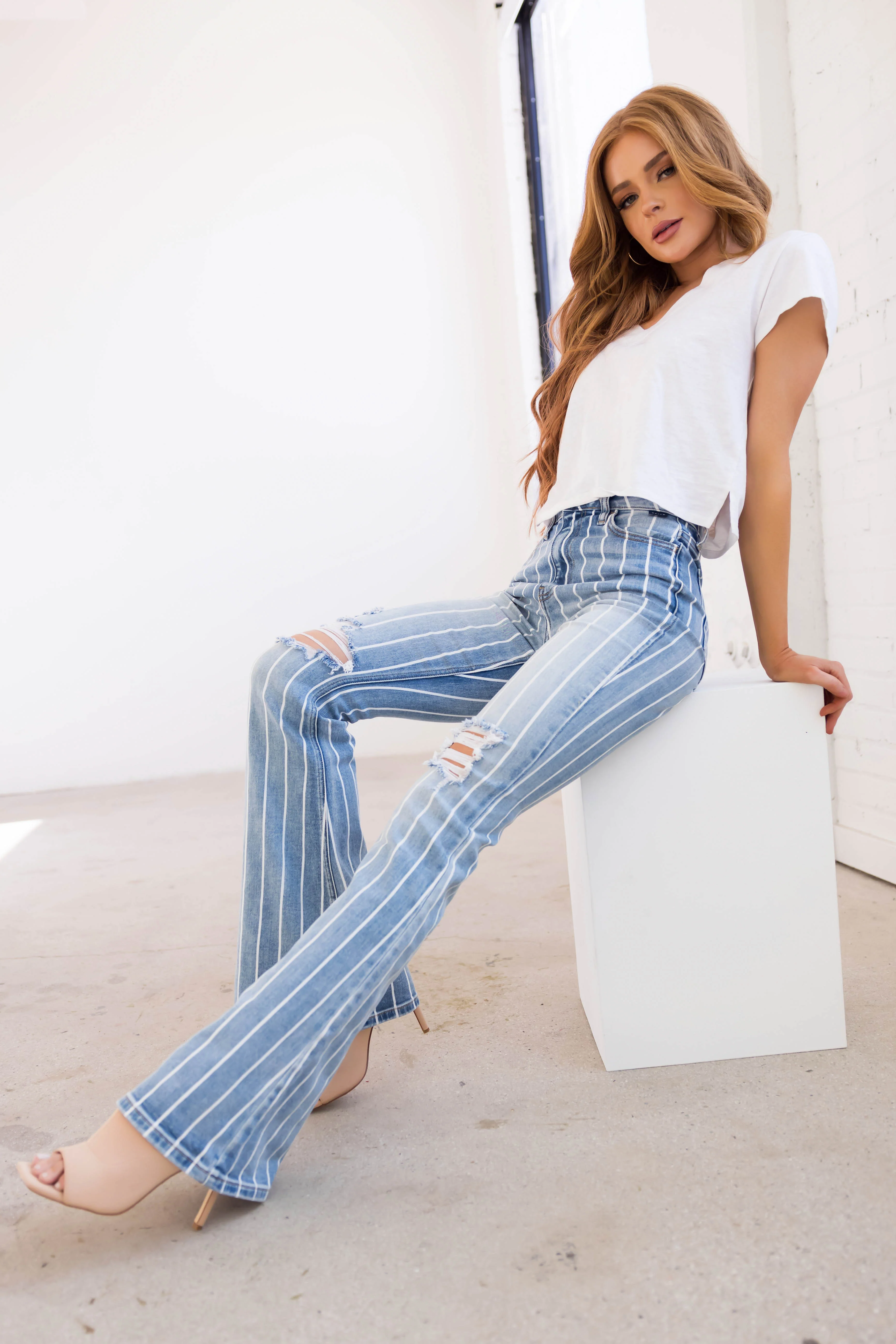 Cello Light Wash Striped High Rise Flare Jeans - LD SALE