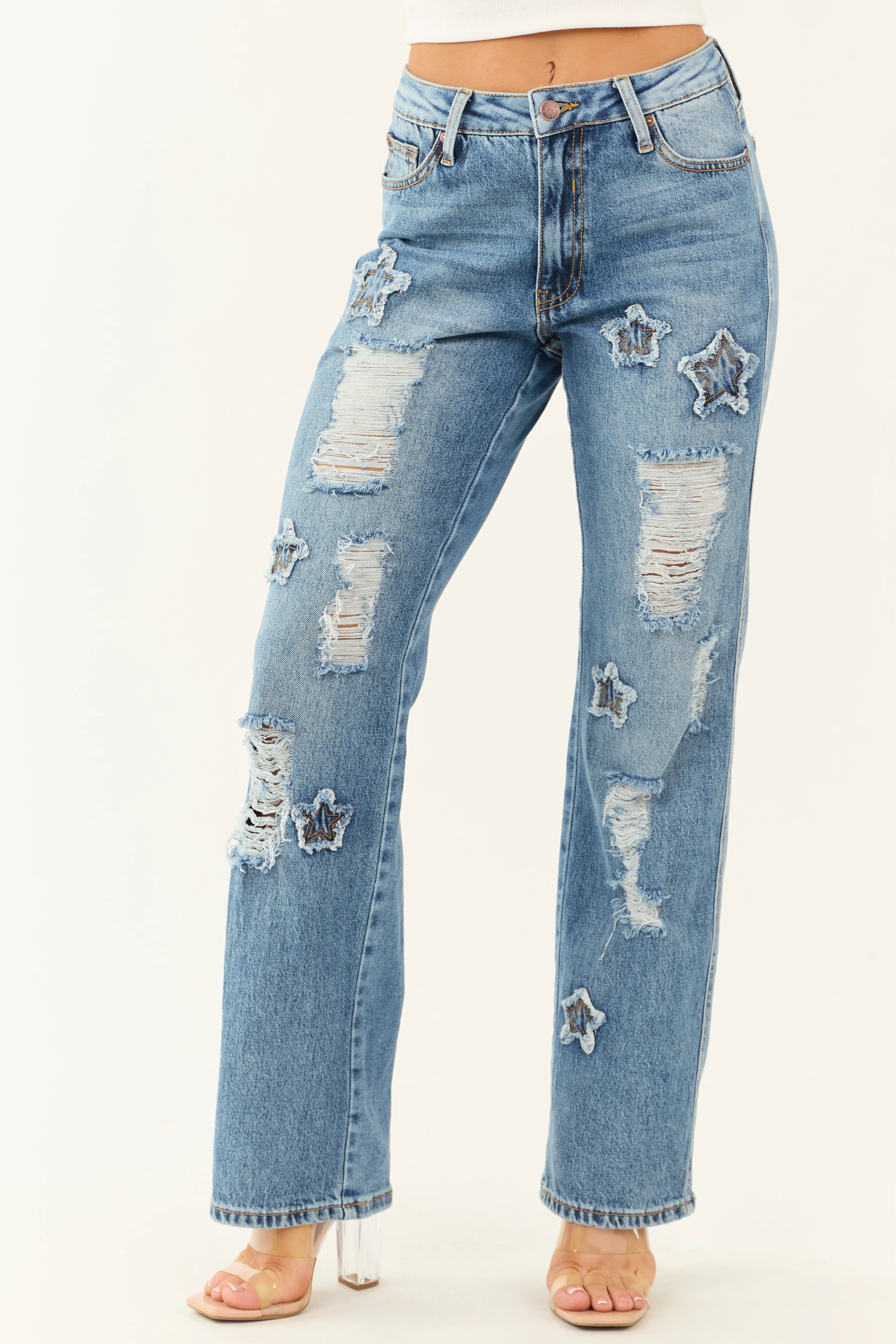 Saige Medium Wash Distressed Star Patch Straight Jeans - LD SALE