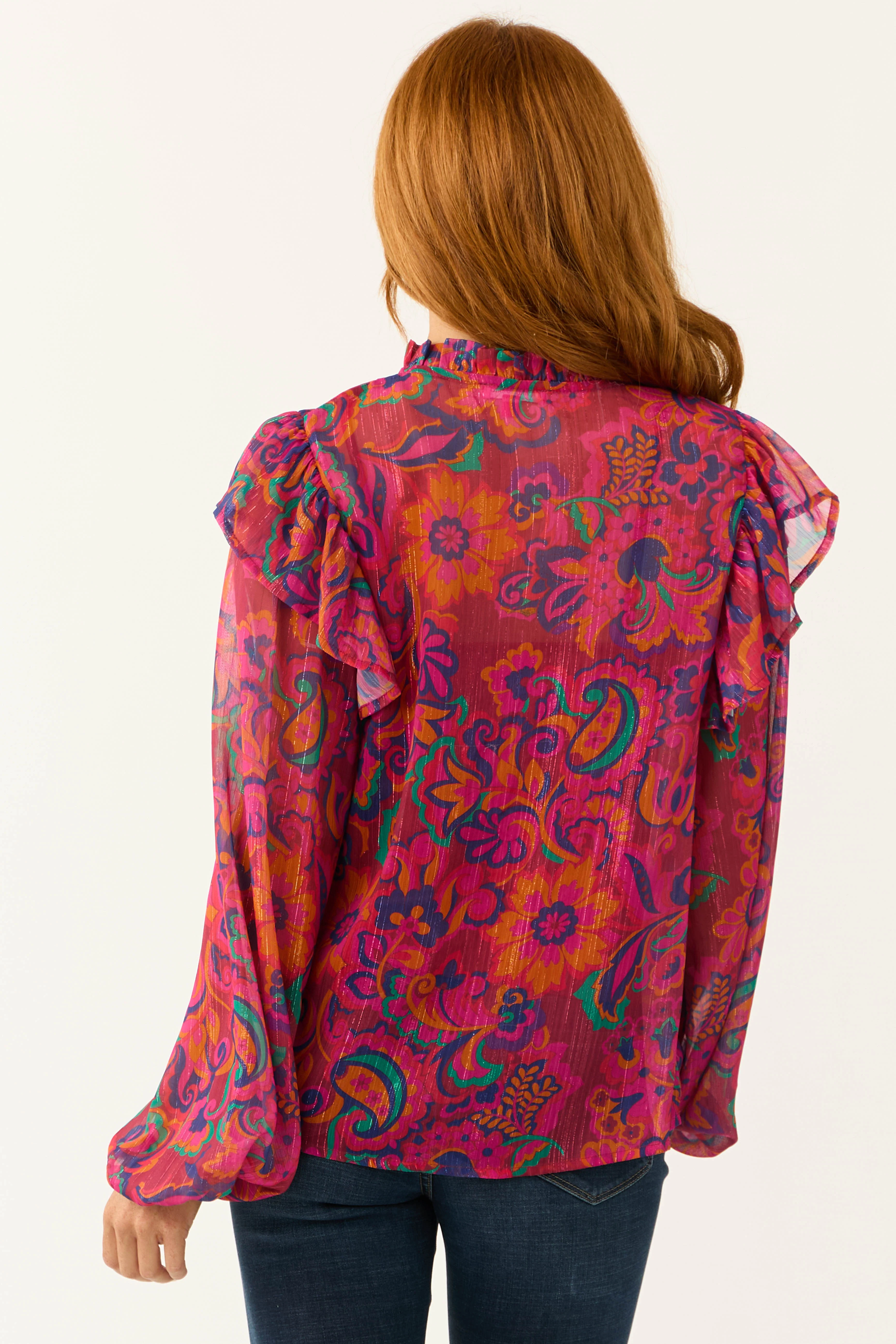 Flying Tomato Magenta Floral Print Ruffle Blouse - LD SALE