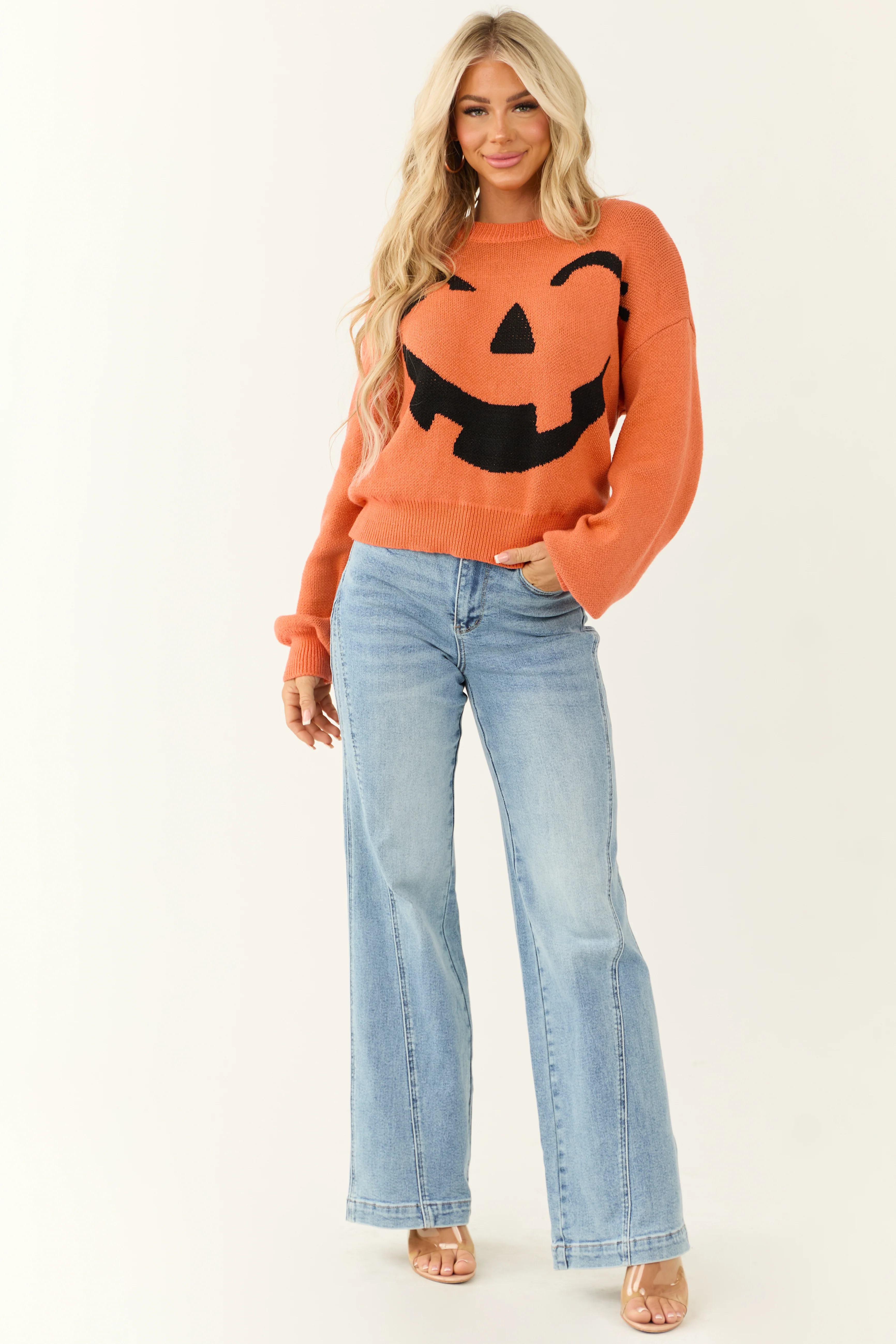 Pumpkin and Black Graphic Long Sleeve Sweater - LD SALE