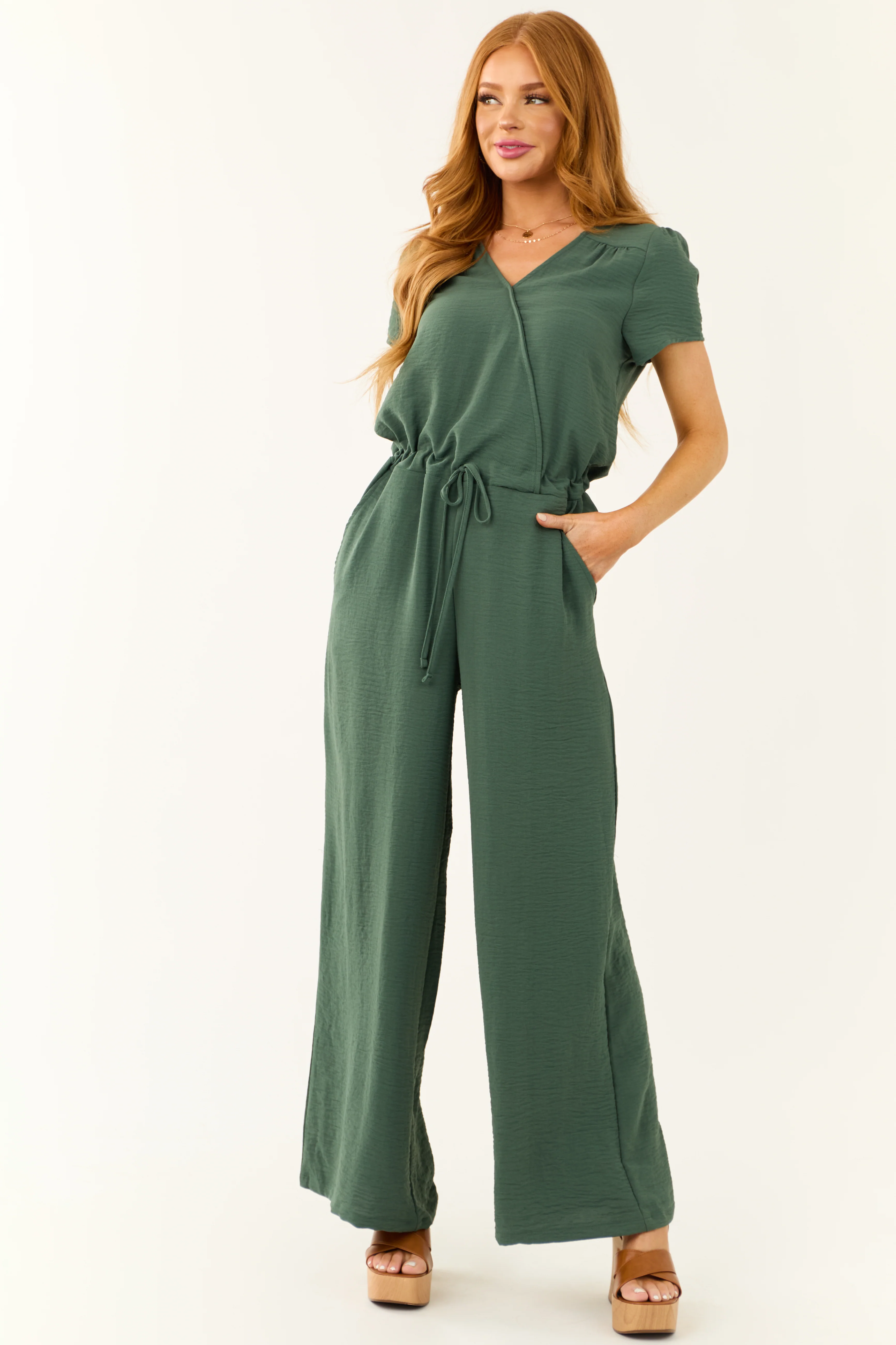 Dark Sage Surplice Wide Leg Crinkle Jumpsuit - LD SALE