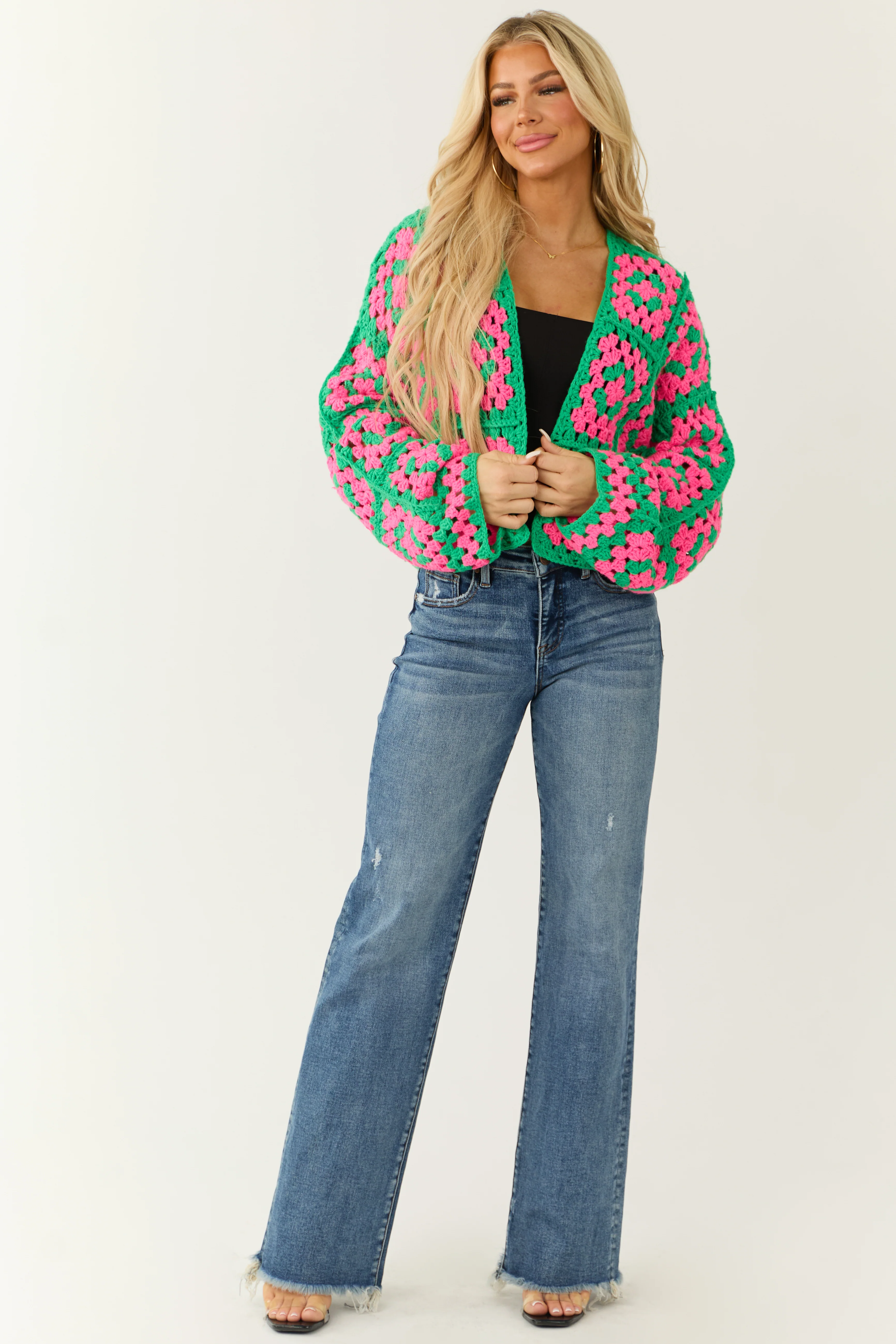 Jade Granny Square Crochet Open Cardigan - LD SALE