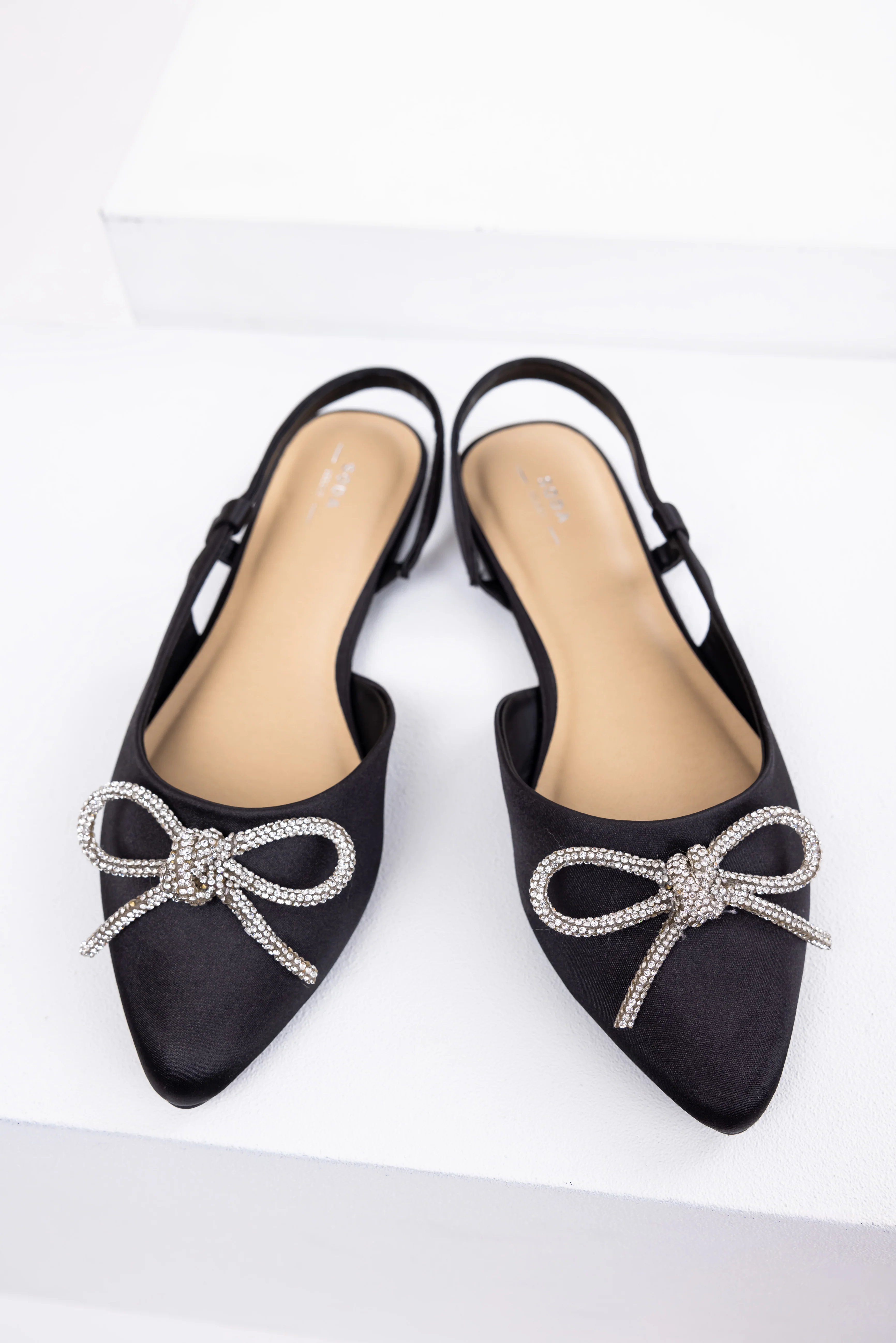 Black Pointed Toe Rhinestone Bow Flat Shoes - LD SALE