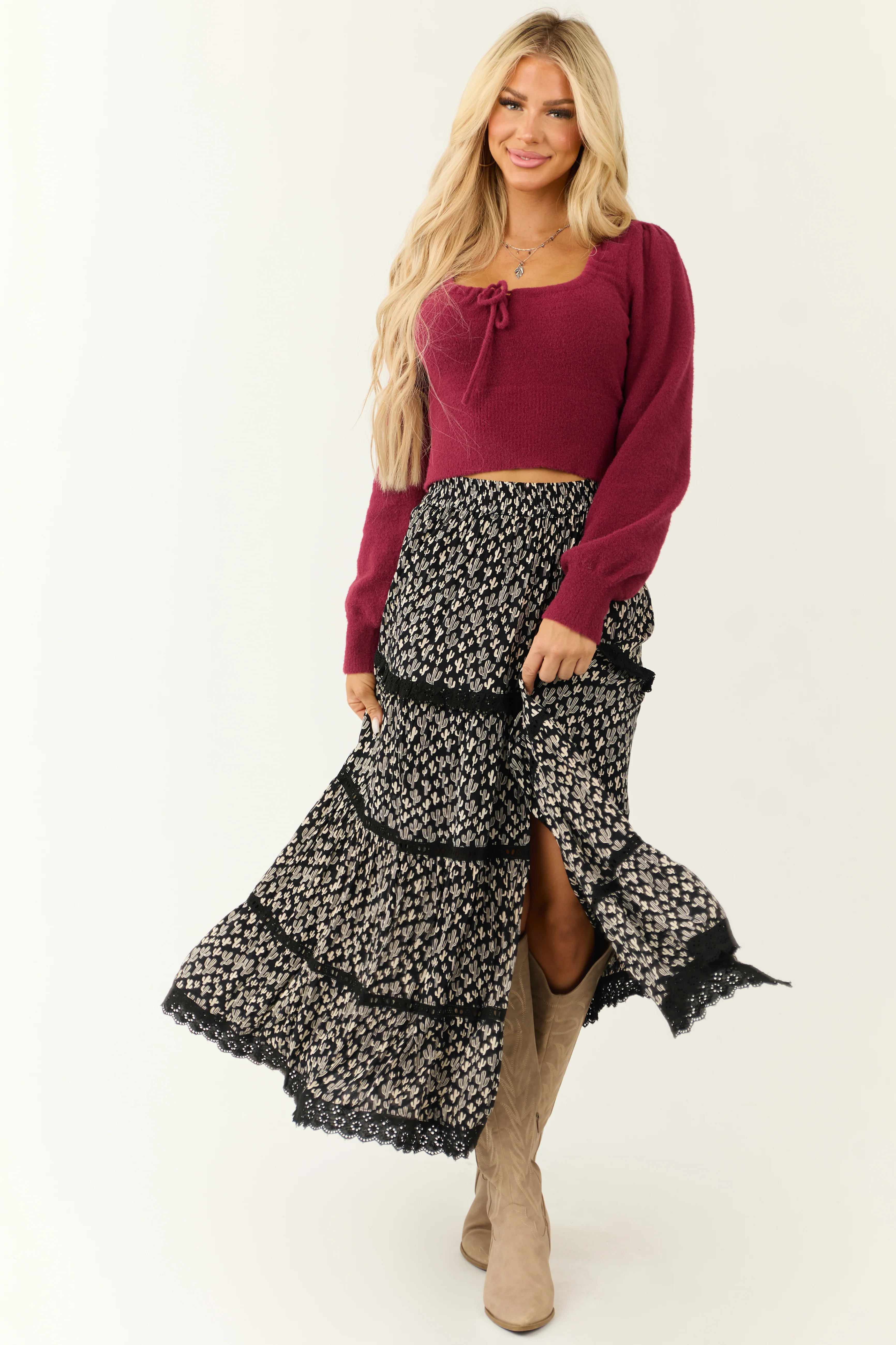 Black Cactus Print Lace Trim Slit Maxi Skirt - LD SALE