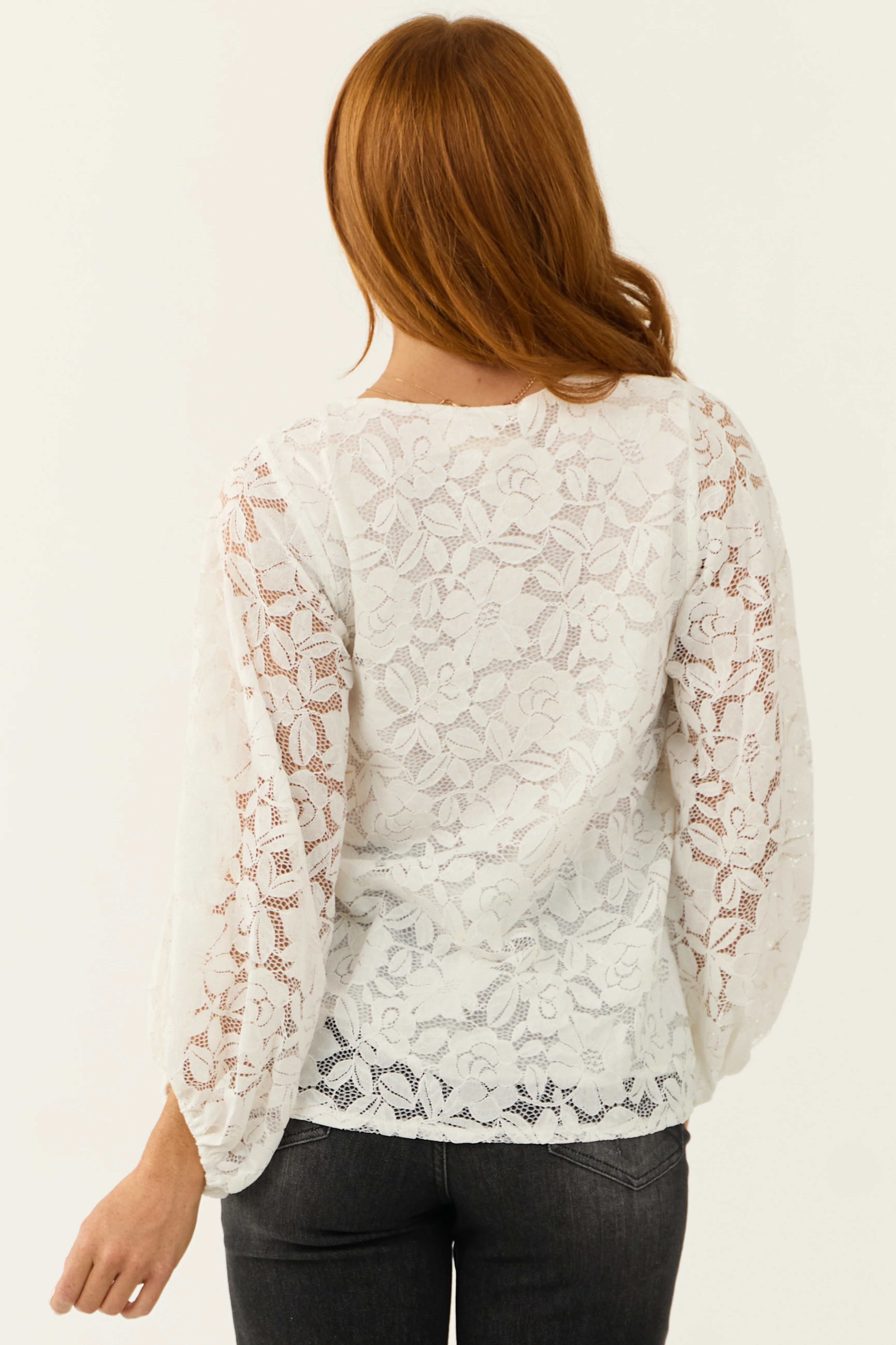 Ivory Floral Lace Long Bubble Sleeve Blouse - LD SALE