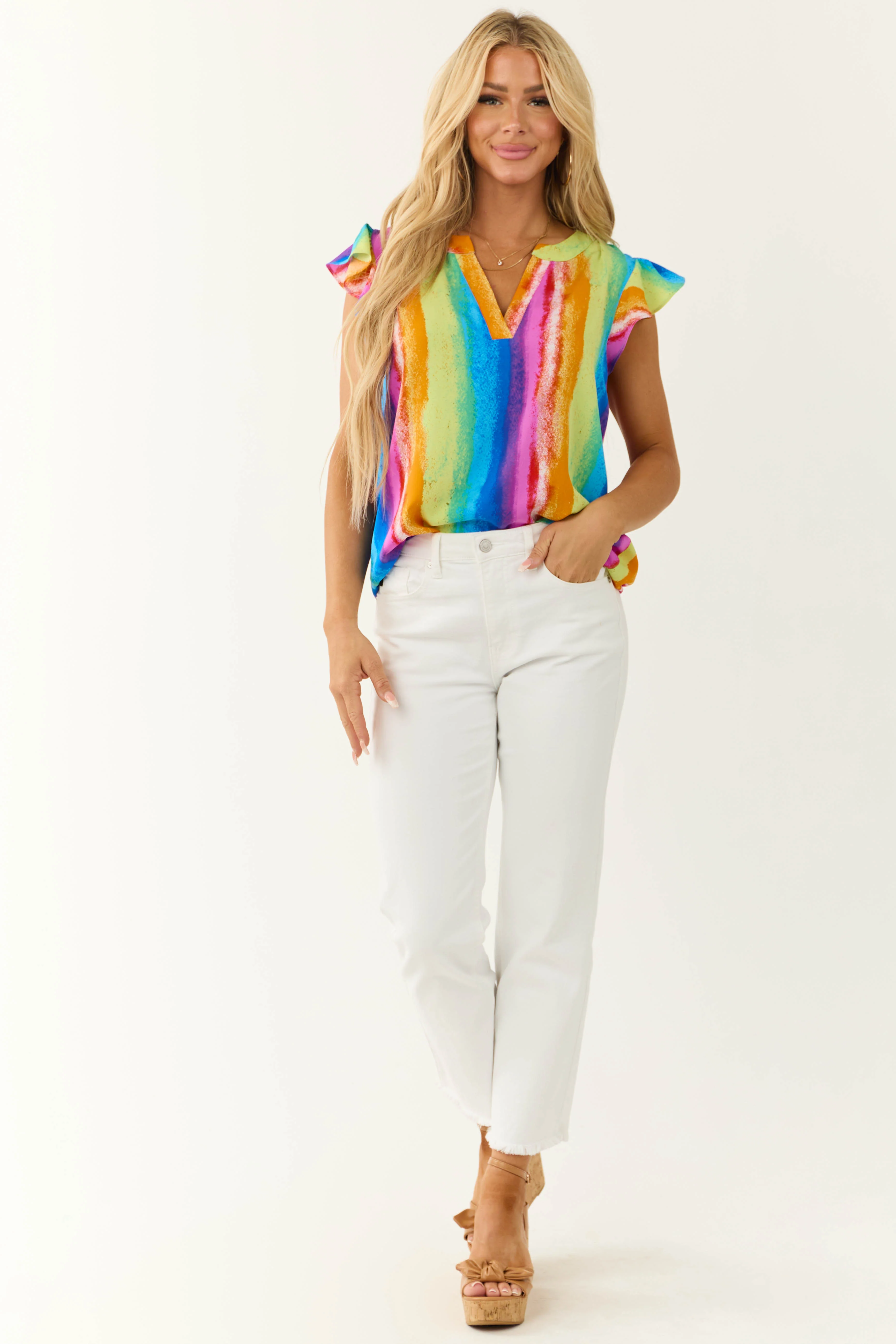 Rainbow Striped Notch Neck Ruffle Sleeve Top - LD SALE