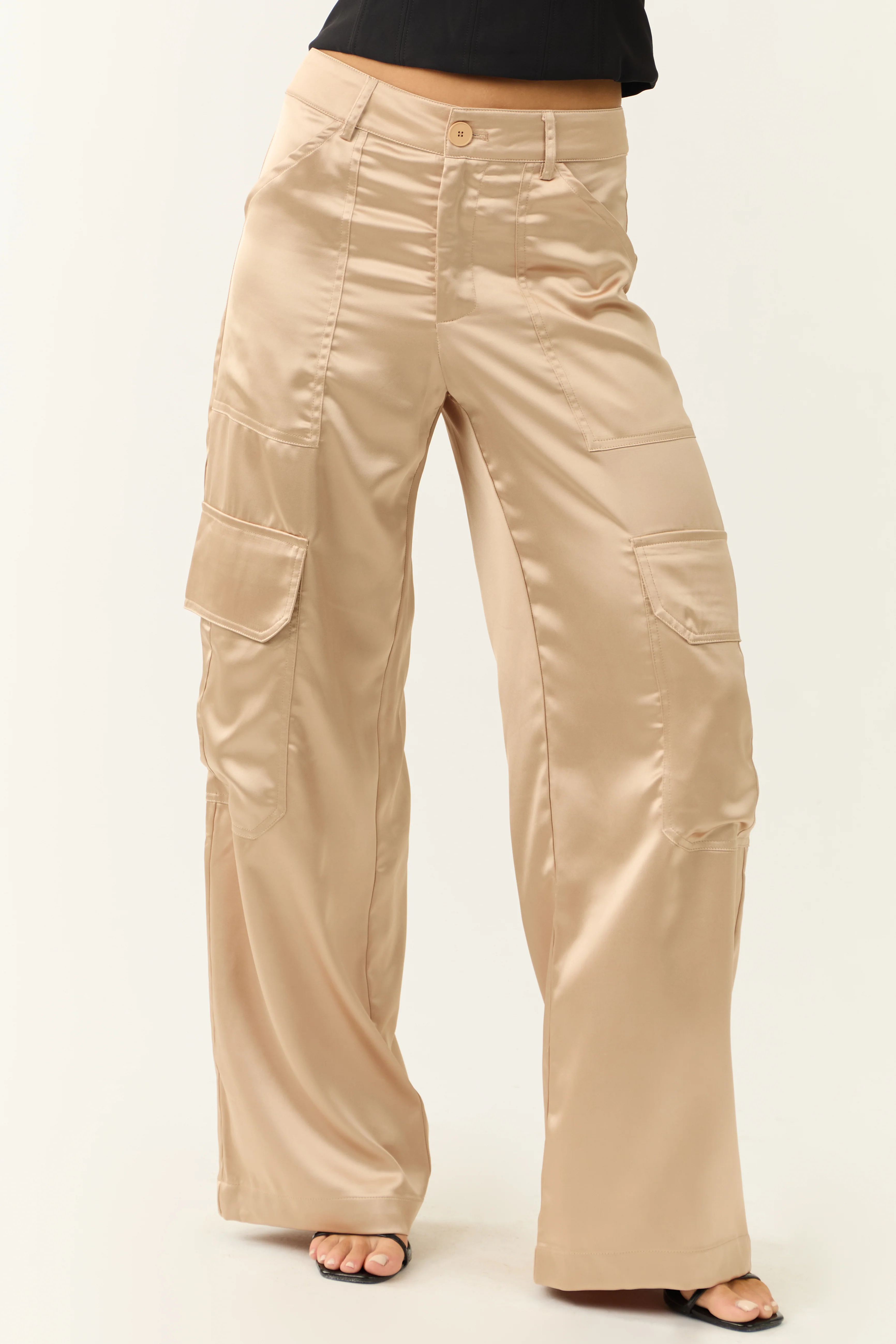 Shiny Beige Satin Cargo Wide Leg Pants - LD SALE