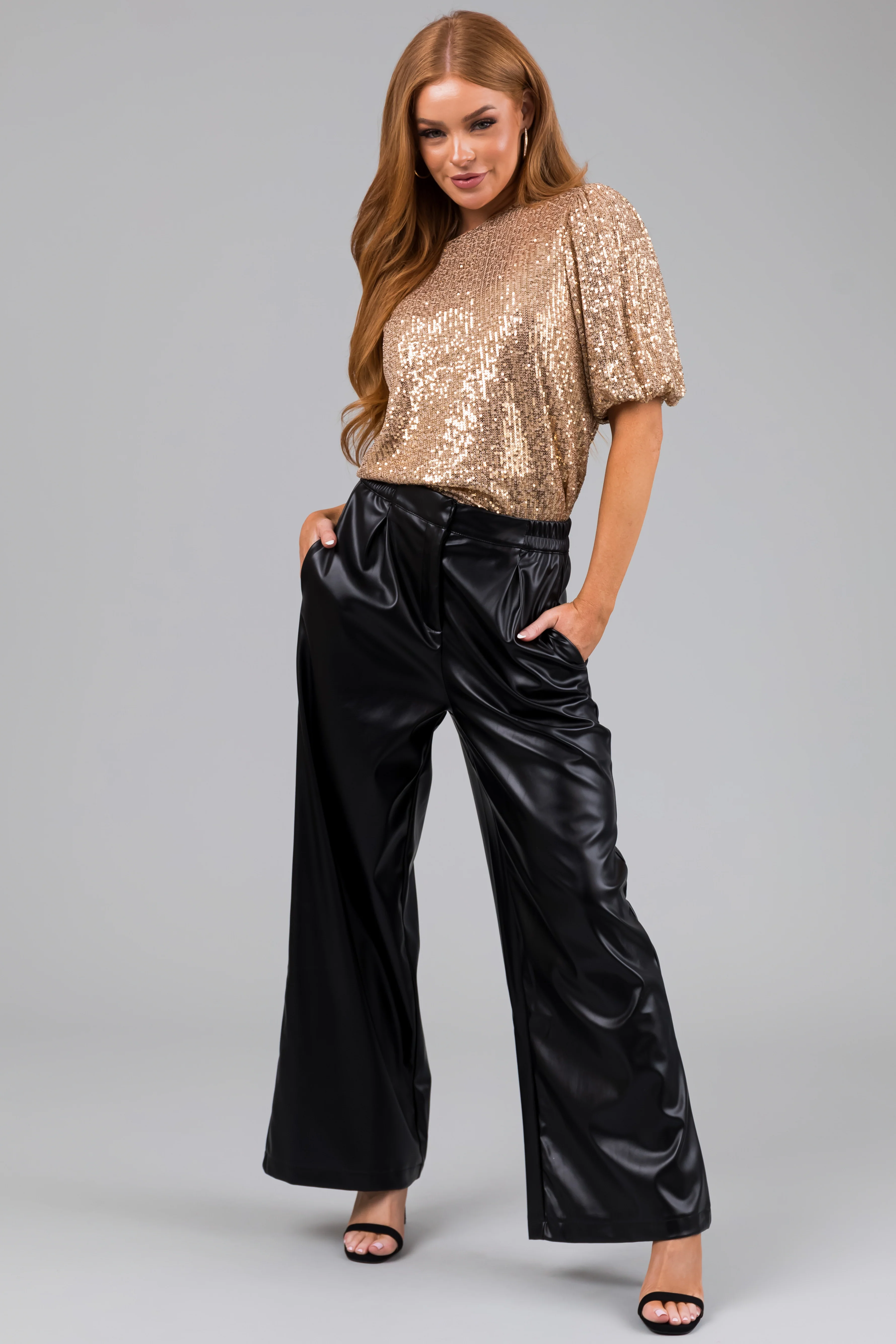 Black Pleather Elastic Waist Wide Leg Pants - LD SALE