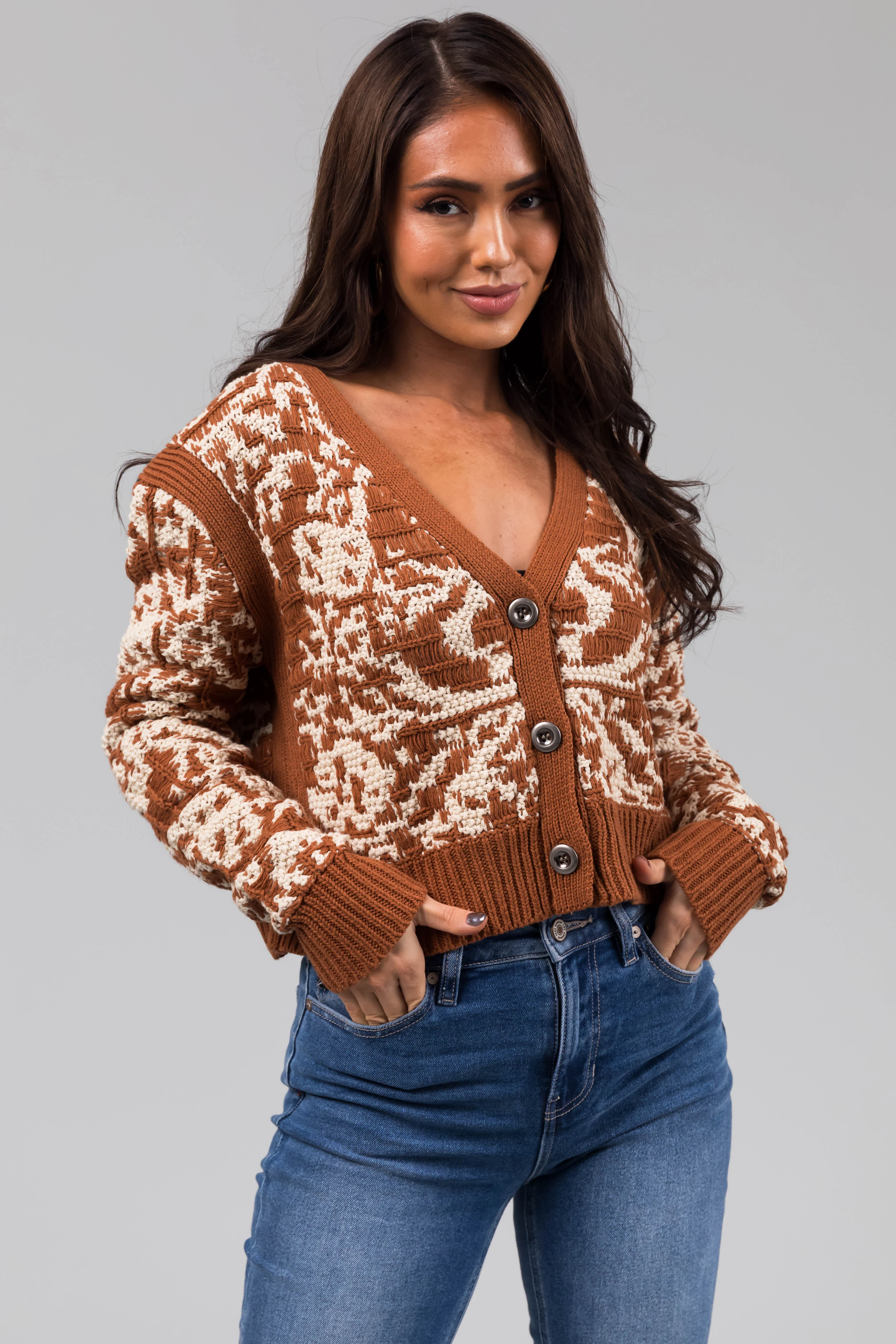 Cognac Two Tone Slightly Cropped Button Cardigan - LD SALE