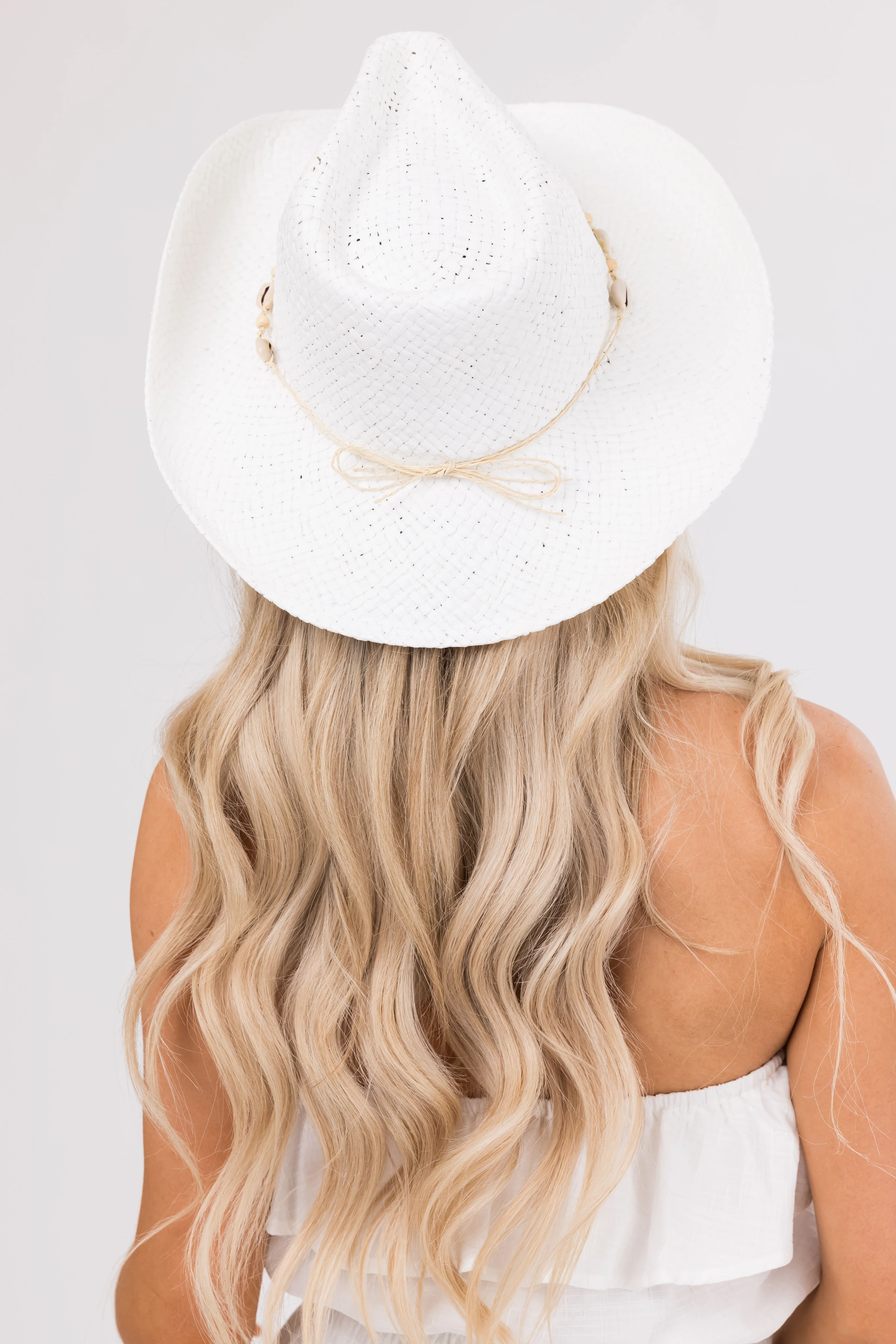 White Seashell Strap Western Straw Hat - LD SALE
