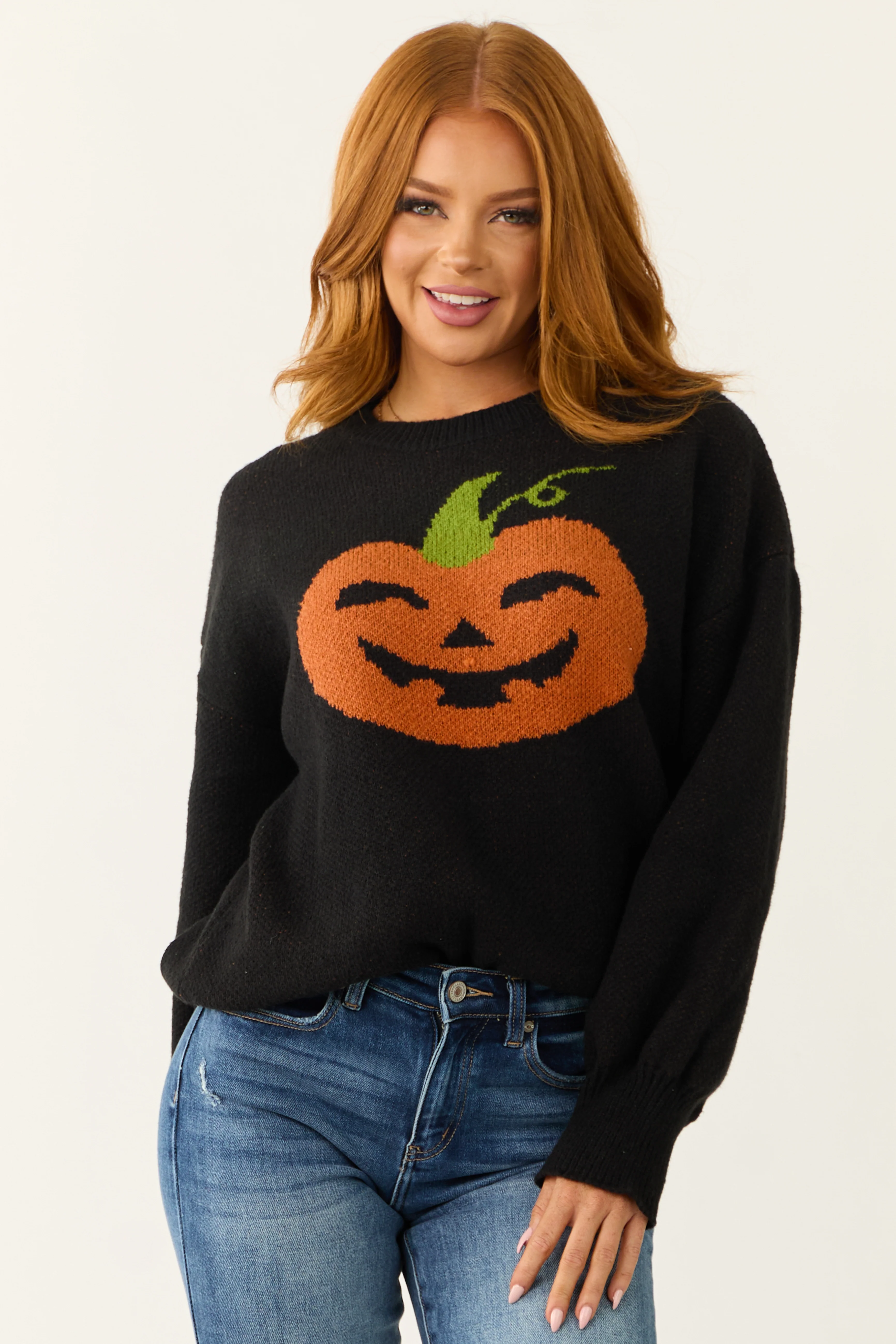 Black Pumpkin Graphic Long Sleeve Sweater - LD SALE