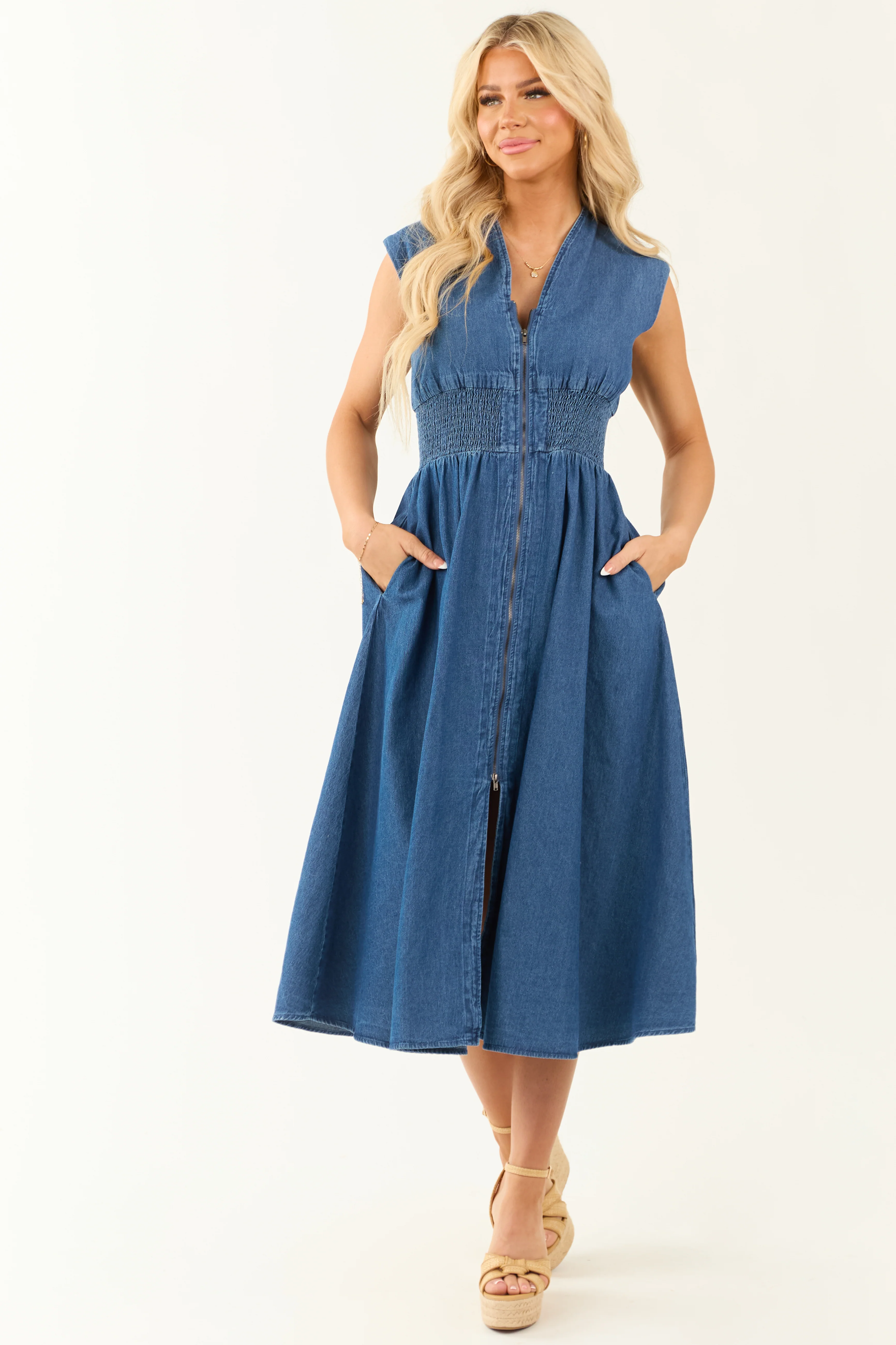 Dark Wash Denim Zip Up Cap Sleeve Midi Dress - LD SALE