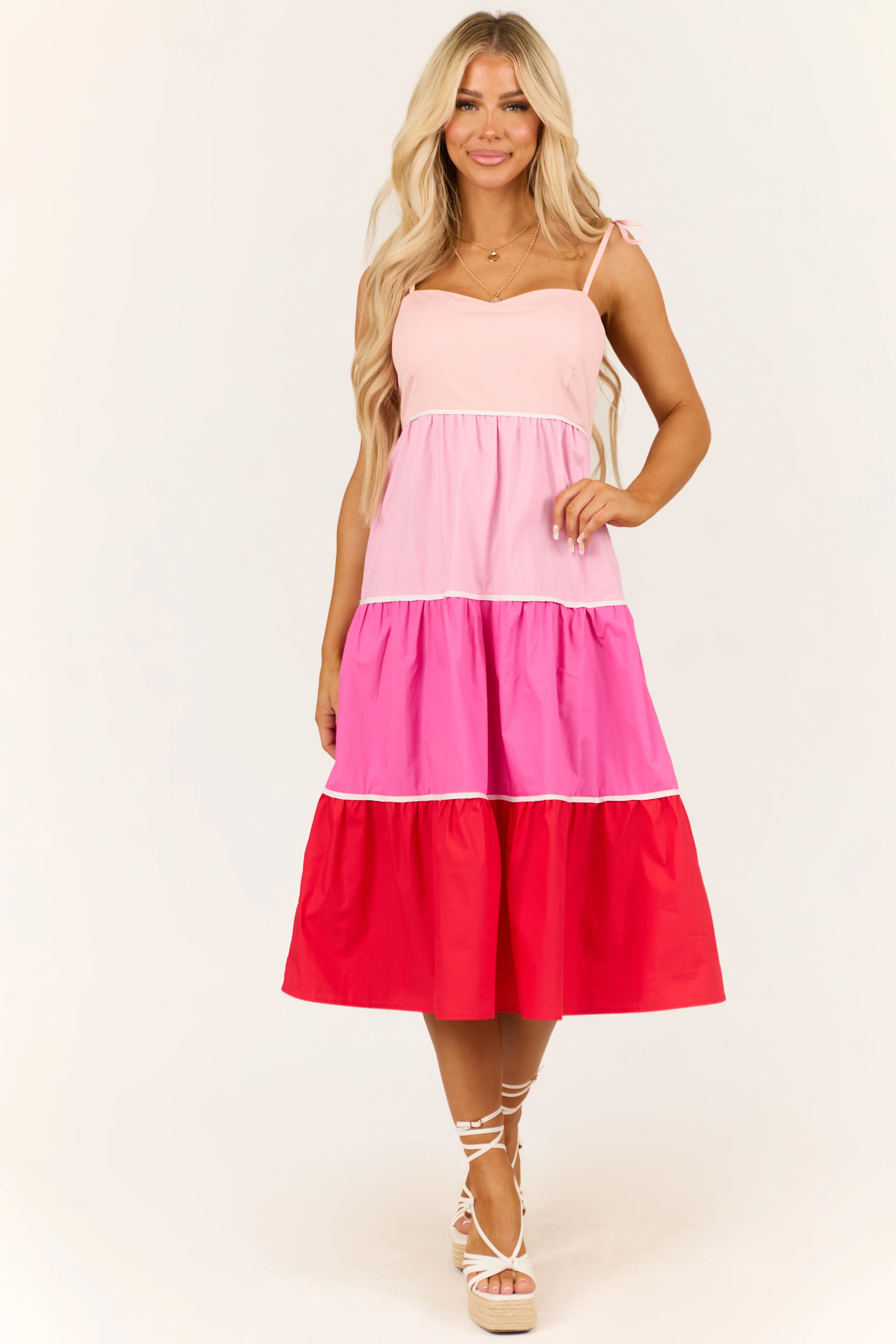 Baby Pink Tiered Colorblock Sleeveless Midi Dress - LD SALE