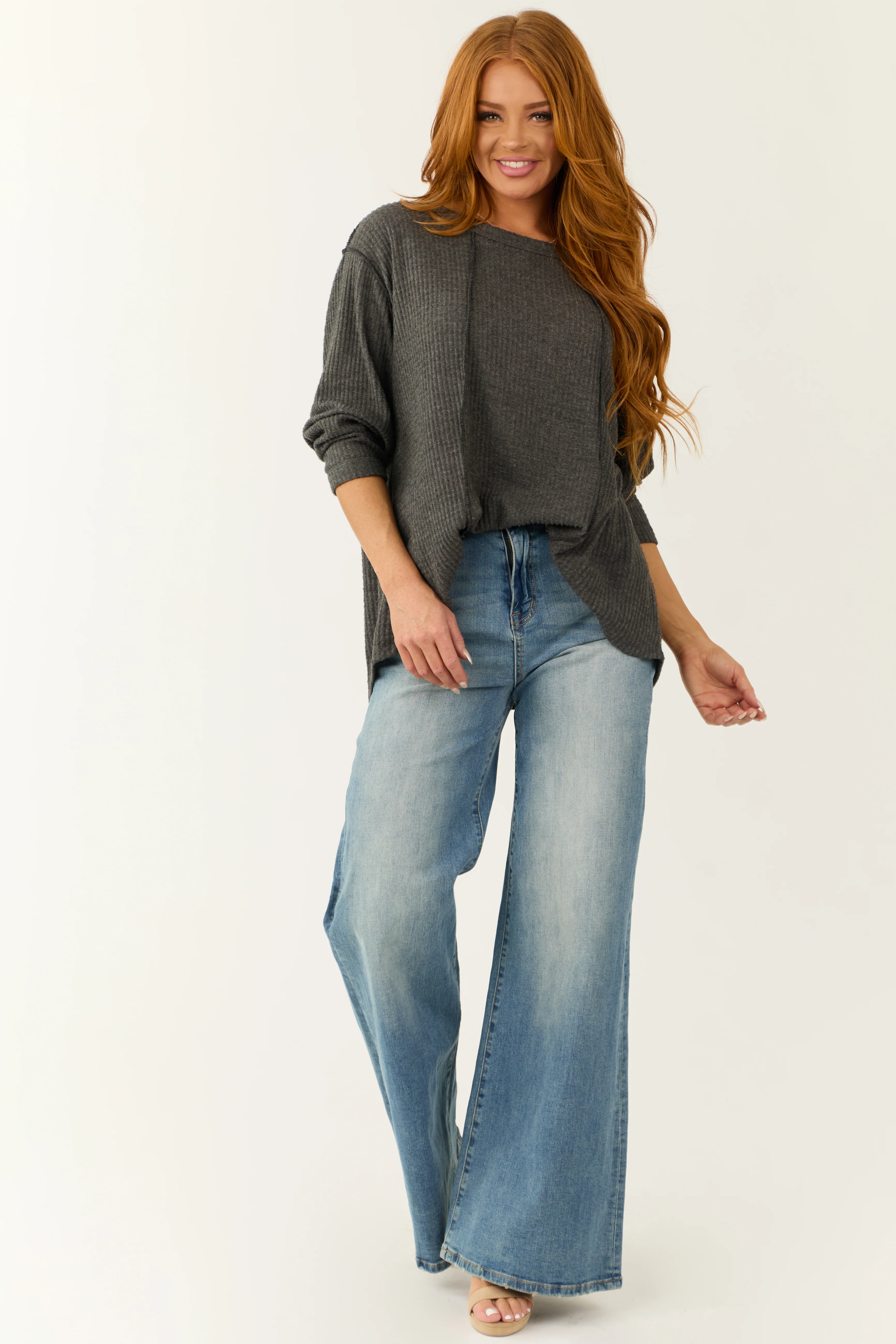 Graphite Long Sleeve Round Neck Waffle Knit Top - LD SALE