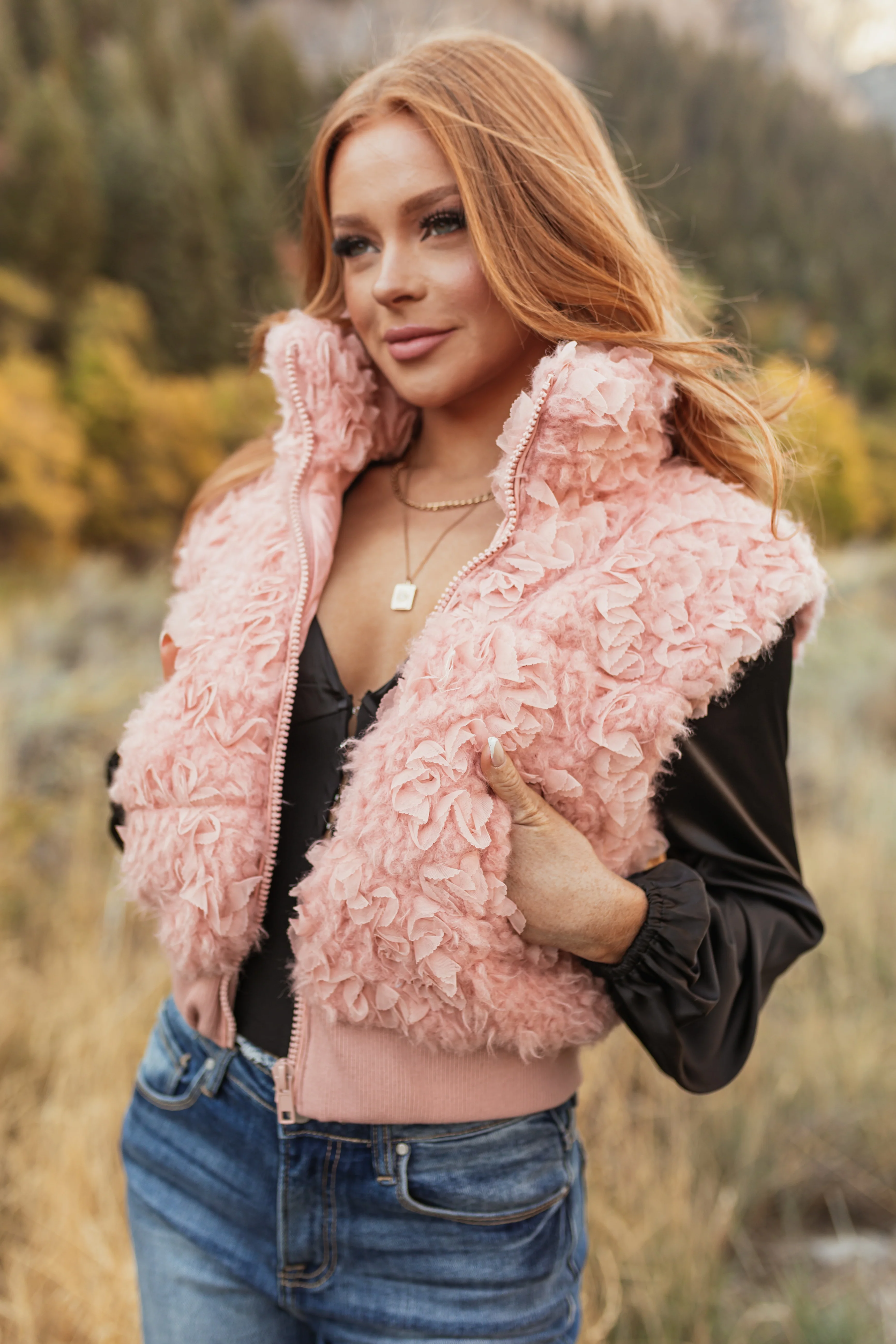 Baby Pink Faux Shearling Vest with Ruffle Detail - LD SALE