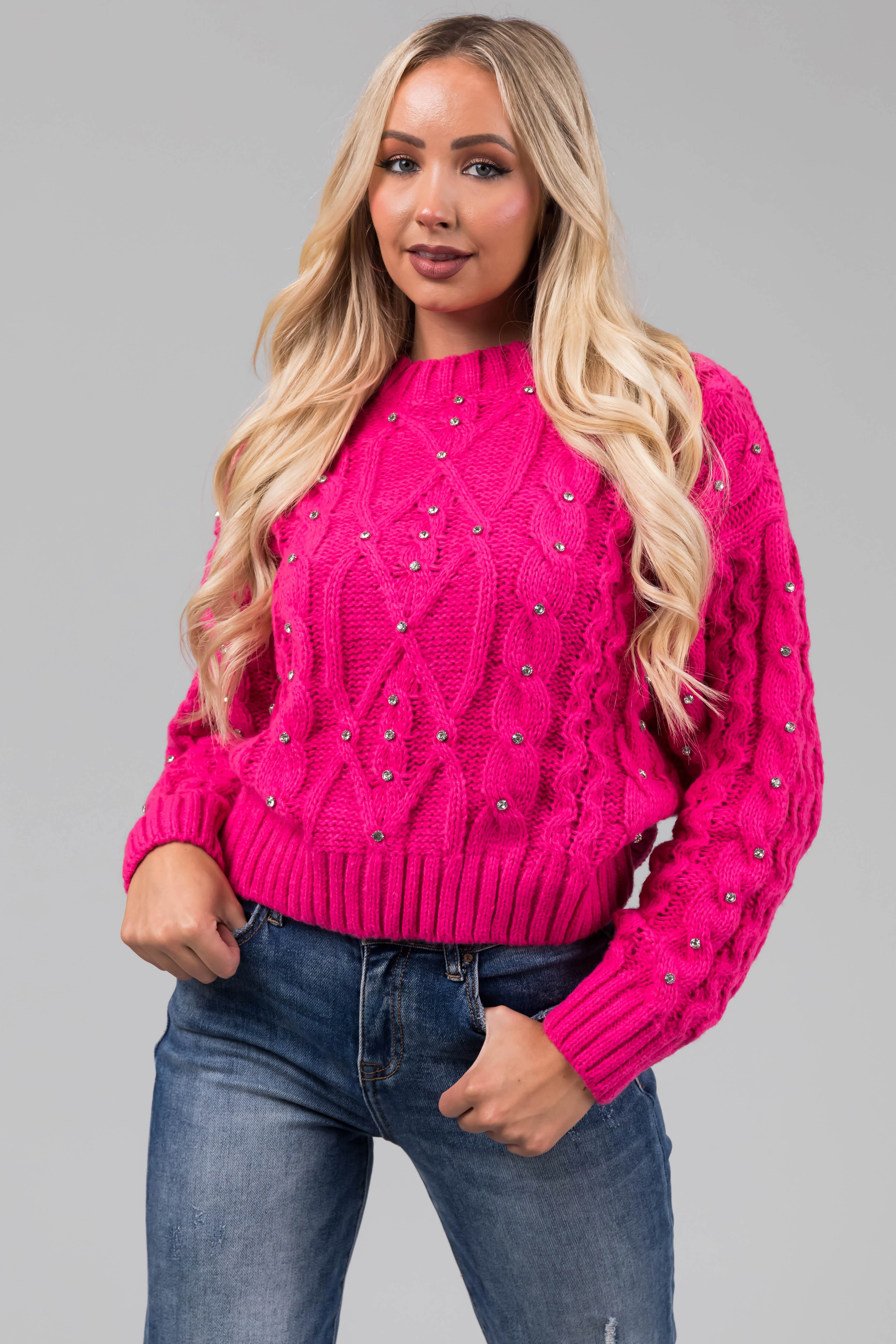 Magenta Rhinestone Studded Cable Knit Sweater - LD SALE