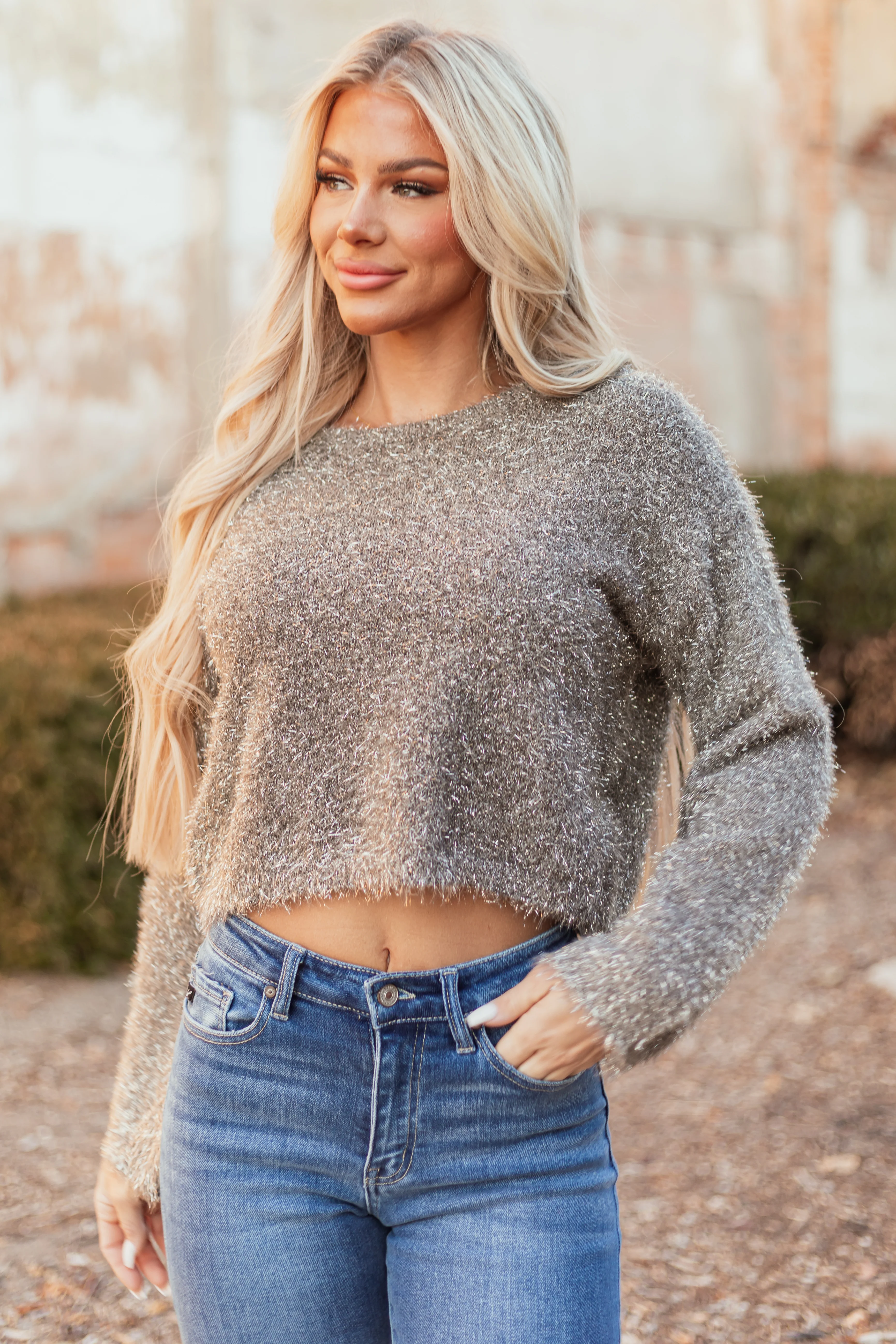 Metallic Stone Lurex Fuzzy Knit Cropped Sweater - LD SALE
